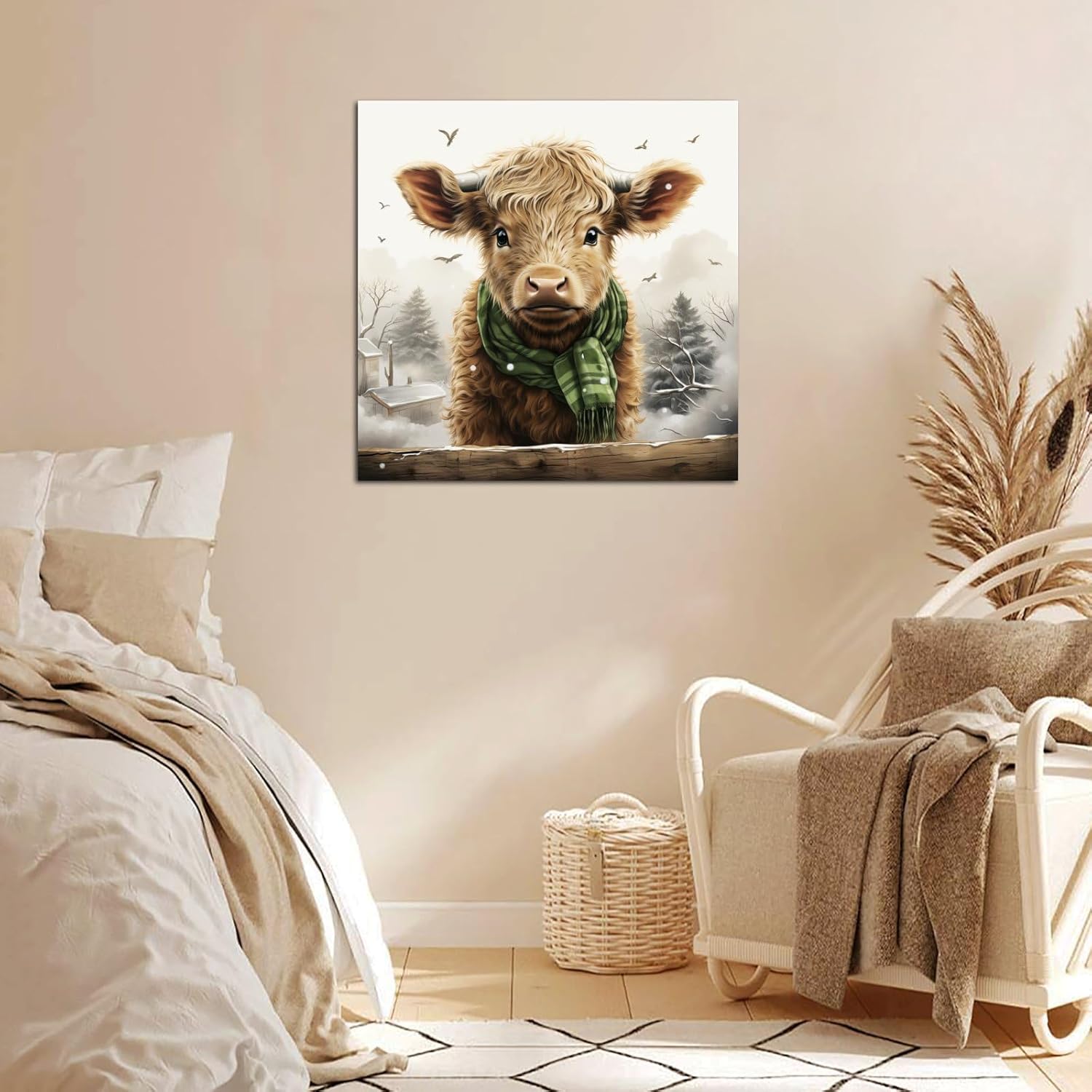 Un becerro de las tierras altas con un sombrero y bufanda de lana a cuadros verdes, póster, pintura decorativa, lienzo, arte de pared, póster de