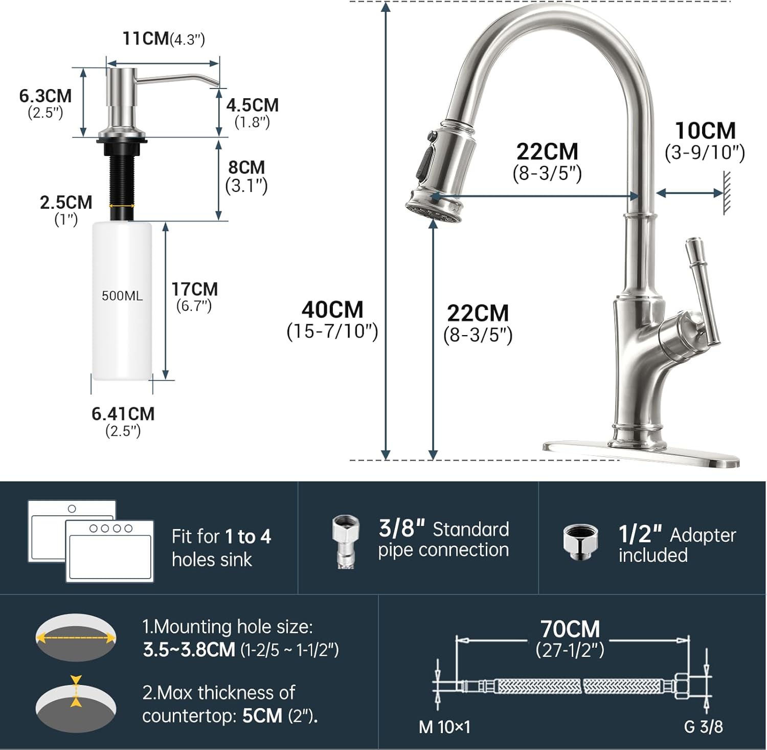 APPASO Grifo de cocina con dispensador de jabón  Grifo de fregadero de cocina con rociador desplegable de una sola manija, níquel cepillado, grifos