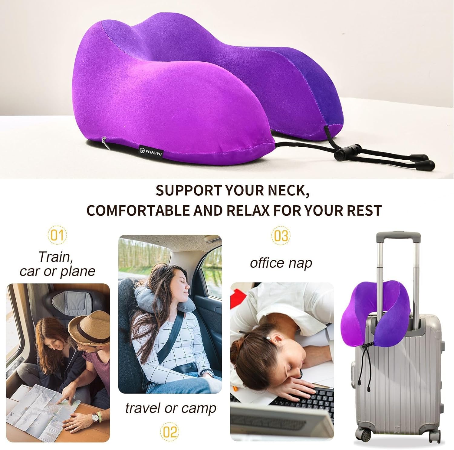 Almohada de viaje color azul oscuro Mangenta para cama de viaje de automóvil, almohada de apoyo para el cuello en forma de U de espuma viscoelástica