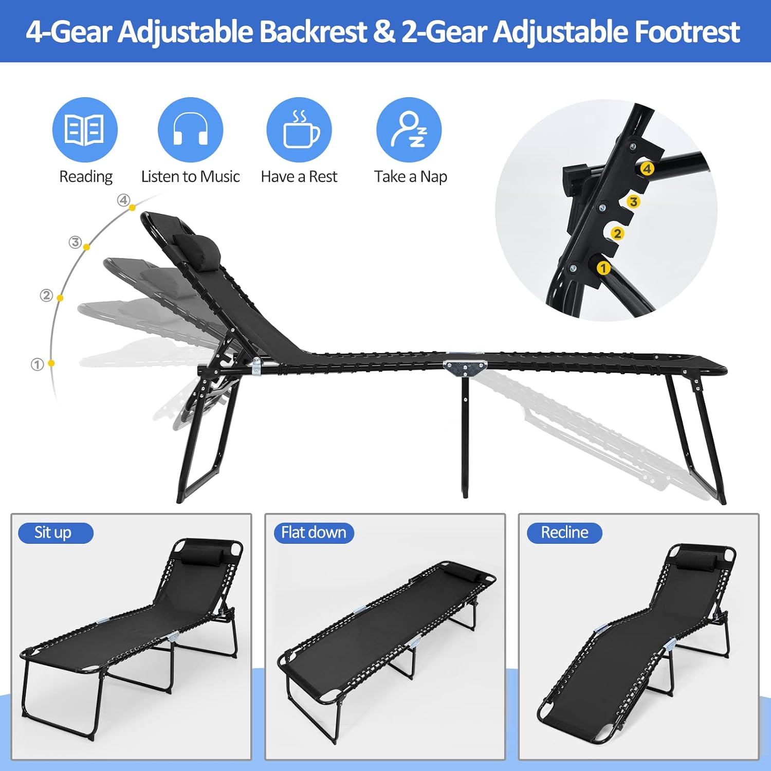 COSTWAY Tumbona plegable de 16 pulgadas de alto reclinable, con respaldo ajustable y reposapiés, color negro