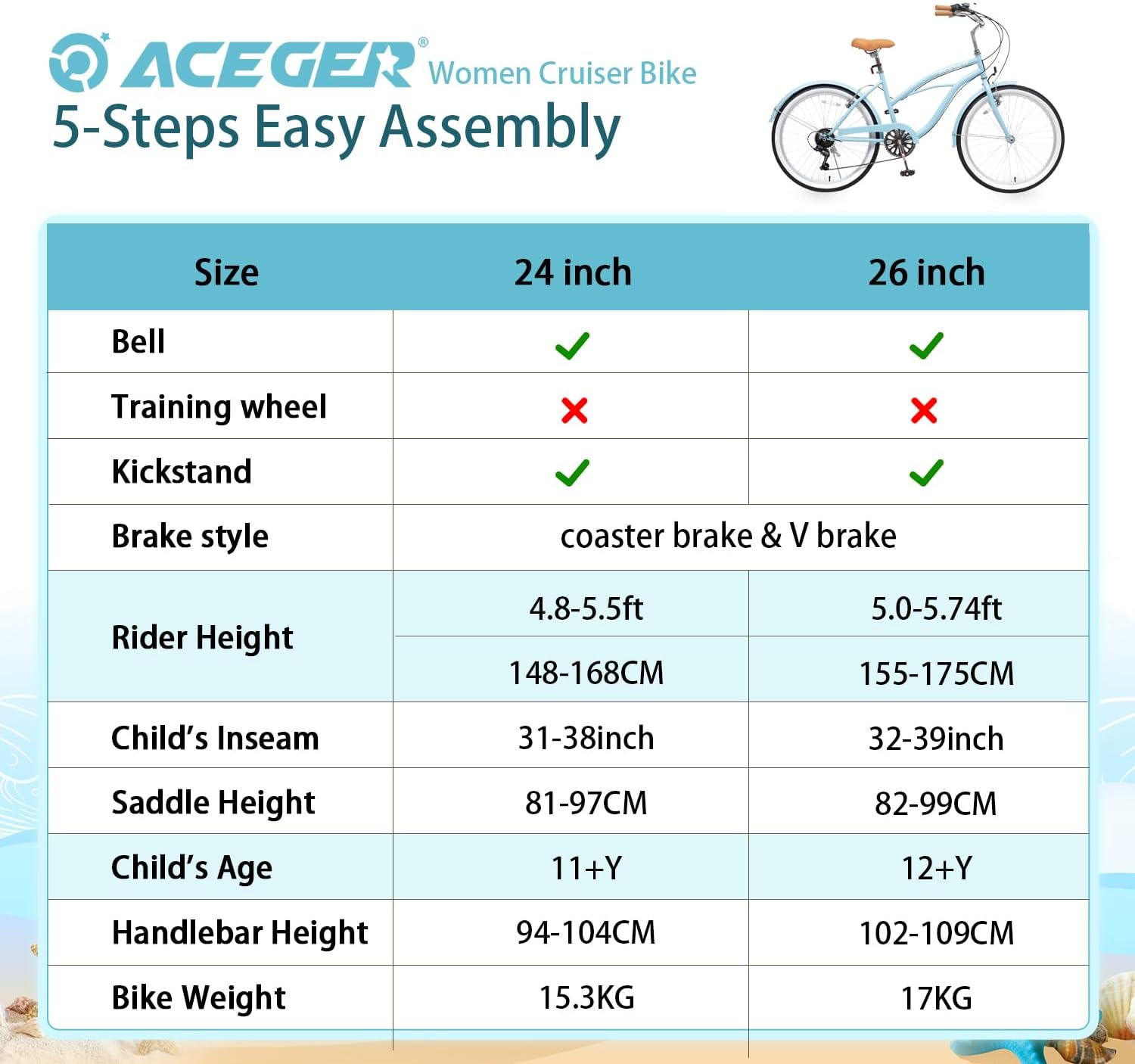 ACEGER Bicicleta de playa de 24 y 26 pulgadas para mujer, de una sola velocidad y 7 velocidades, bicicleta híbrida para adultos, marco de acero