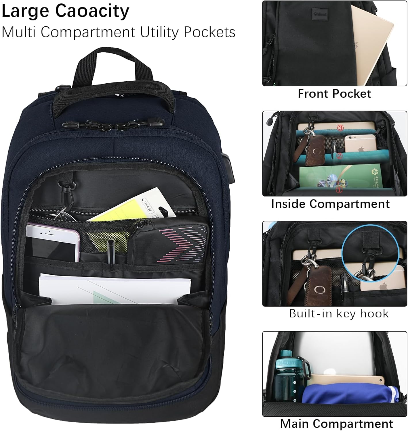 Mochila de viaje para laptop para hombres y mujeres, mochilas de viaje delgadas y duraderas para negocios con puerto de carga USB, Azul oscuro,