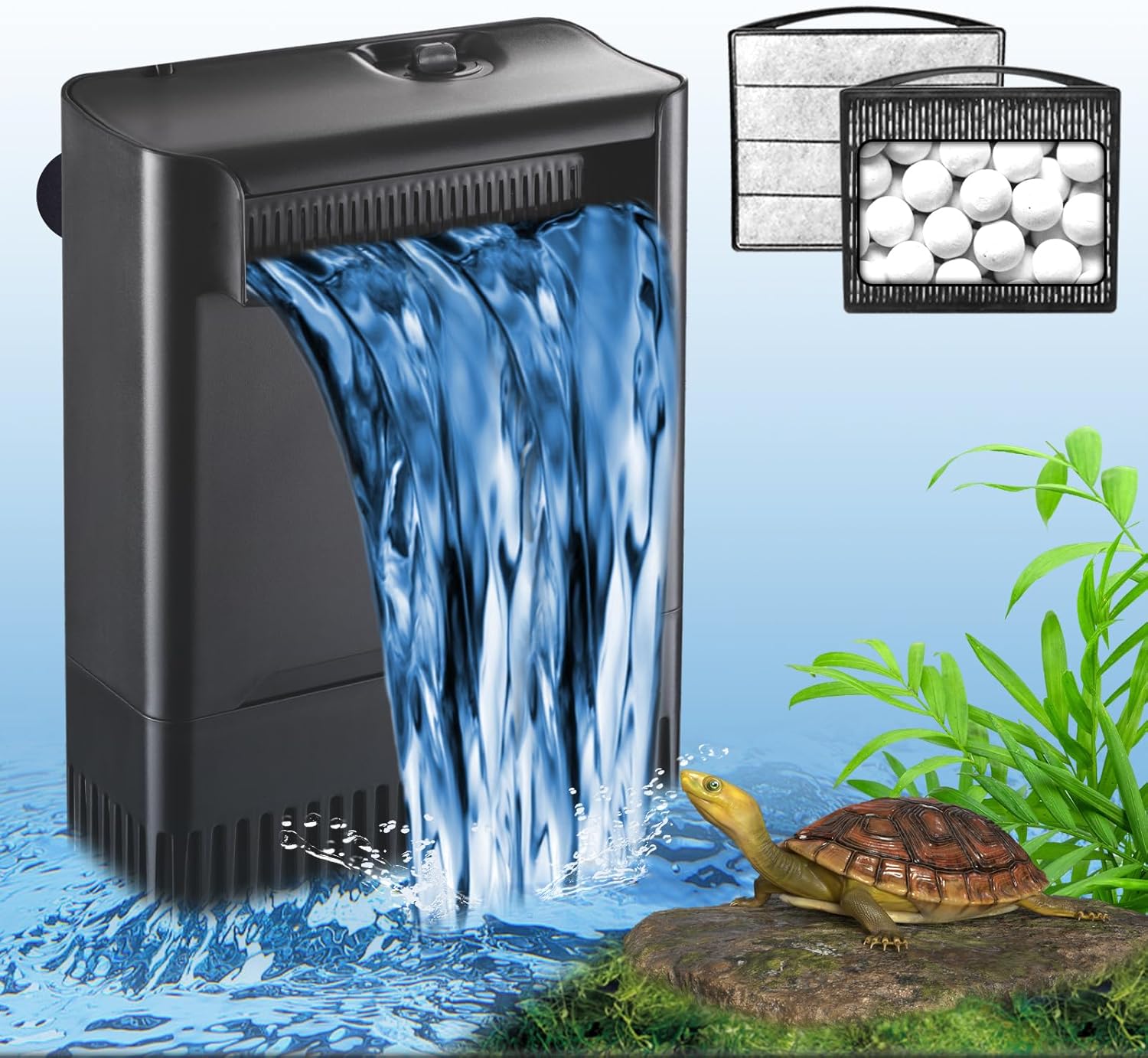 Filtro de tanque de tortuga, filtro de acuario, potencia ajustable, 30-55 galones. Filtro interno grande de 290 GPH en cascada de 3 etapas,