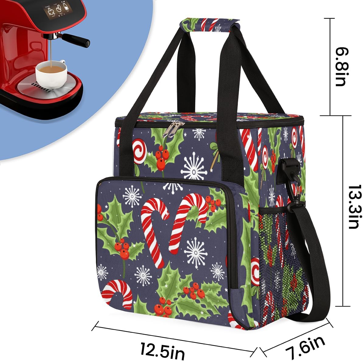 FengQuGou Bolsa de café de Navidad con diseño de hojas de acebo y bayas, bolsa de almacenamiento de viaje compatible con Keurig K-Mini o K-Mini Plus