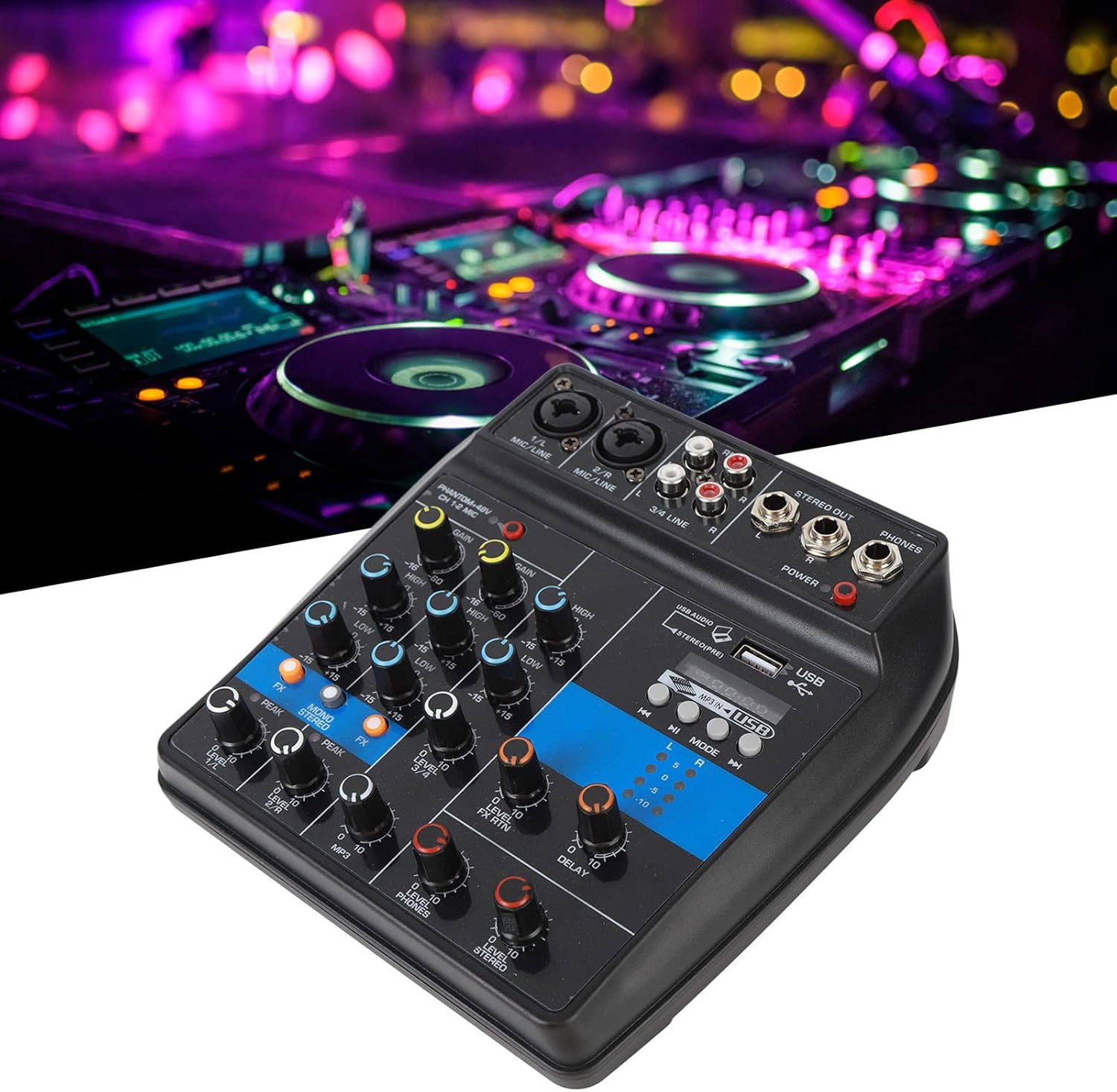 Mezclador de audio Consola mezcladora de DJ de 4 canales profesional con interfaz USB y equipo de escenario de efectos integrados (enchufe de EE.