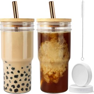 Vaso Boba reutilizable para batido de vidrio, vaso de té con burbujas, paquete de 2 vasos de boca ancha de 22 onzas para café helado con tapa de Vaso Boba reutilizable para batido de vidrio, vaso de té con burbujas, paquete de 2 vasos de boca ancha de 22 onzas para café helado con tapa de