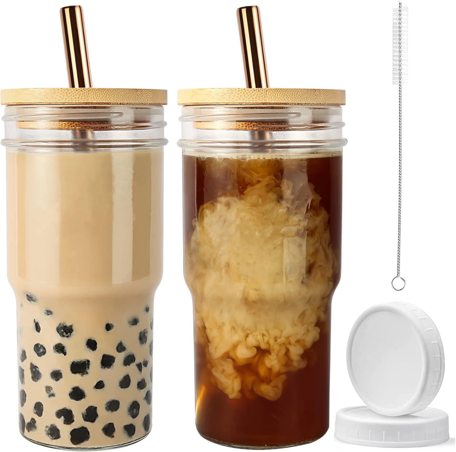 Vaso Boba reutilizable para batido de vidrio, vaso de té con burbujas, paquete de 2 vasos de boca ancha de 22 onzas para café helado con tapa de