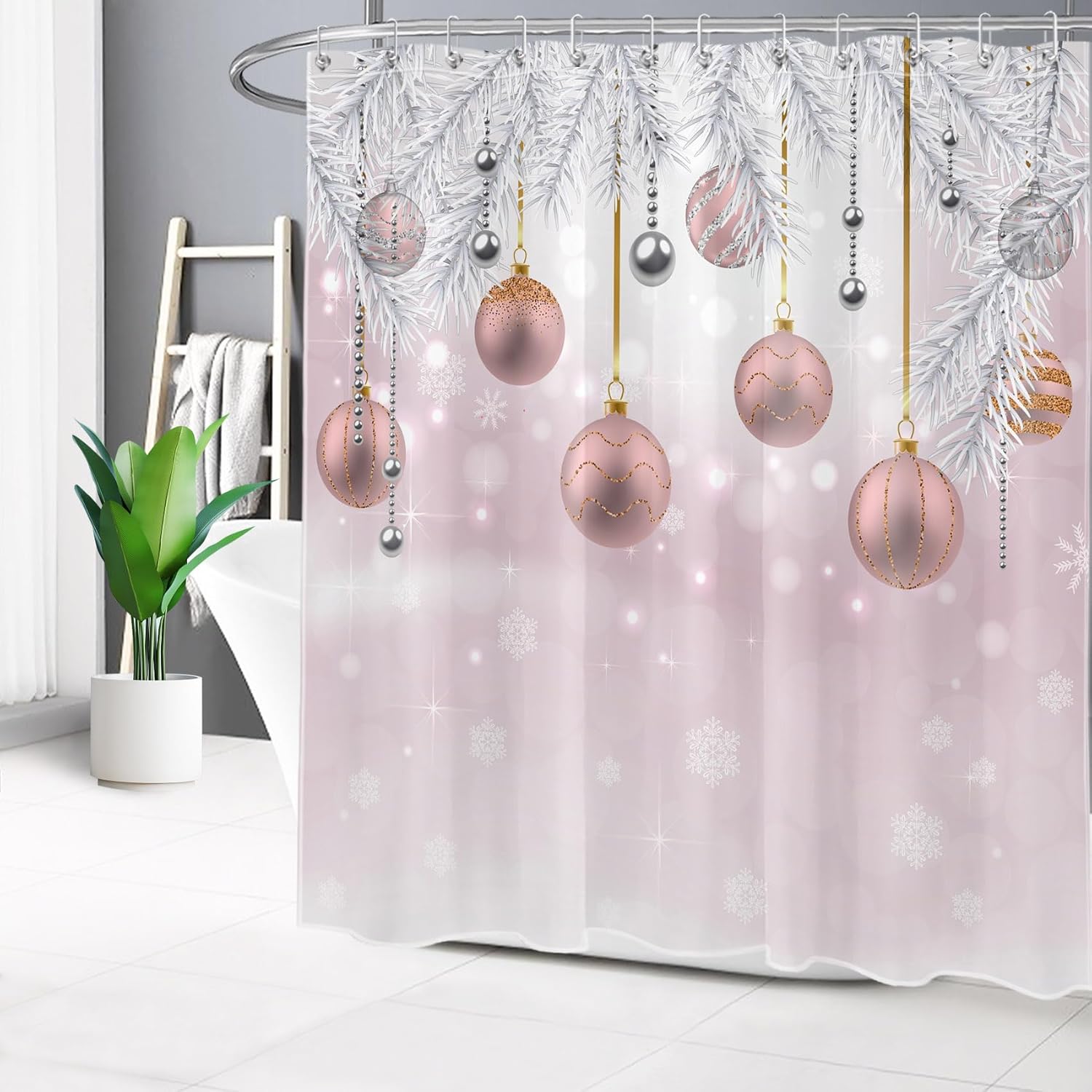 MEUNEAR Cortina de ducha de Navidad con tapete de baño, bolas de Navidad rosas y plateadas, juego de cortina de ducha de rama de abeto con cortina