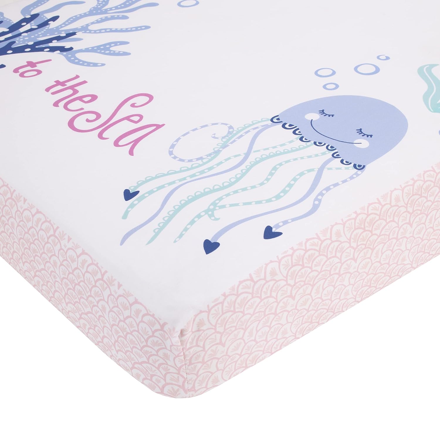NoJo Mermaid Lagoon – Sábana bajera ajustable para cuna, color rosa, azul y blanco, 100% algodón con foto
