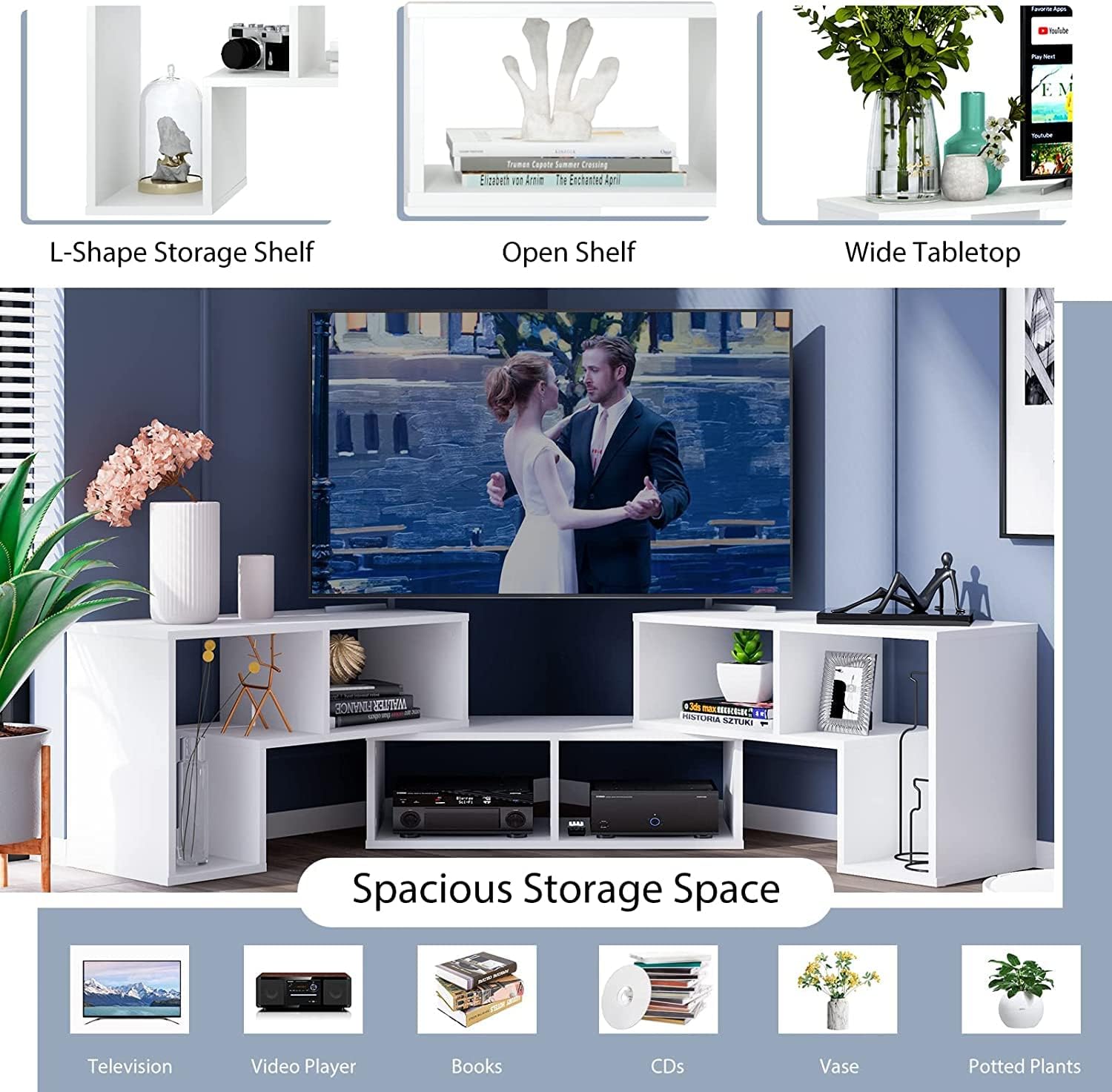 Muebles multimedia modernos, estante abierto para almacenamiento y exhibición, adecuado para sala de estar, dormitorio, consola de 3 piezas, soporte