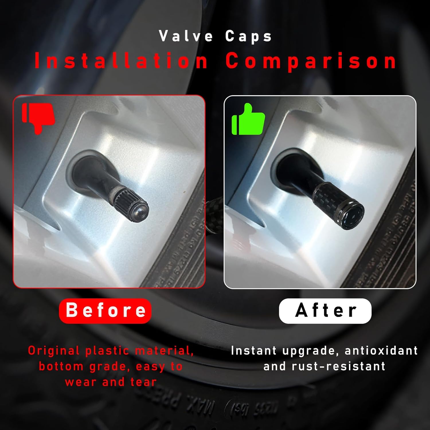 4 tapas de vástago de válvula de neumático, tornillos de fibra de carbono para tapas de neumáticos, accesorios universales para exteriores de