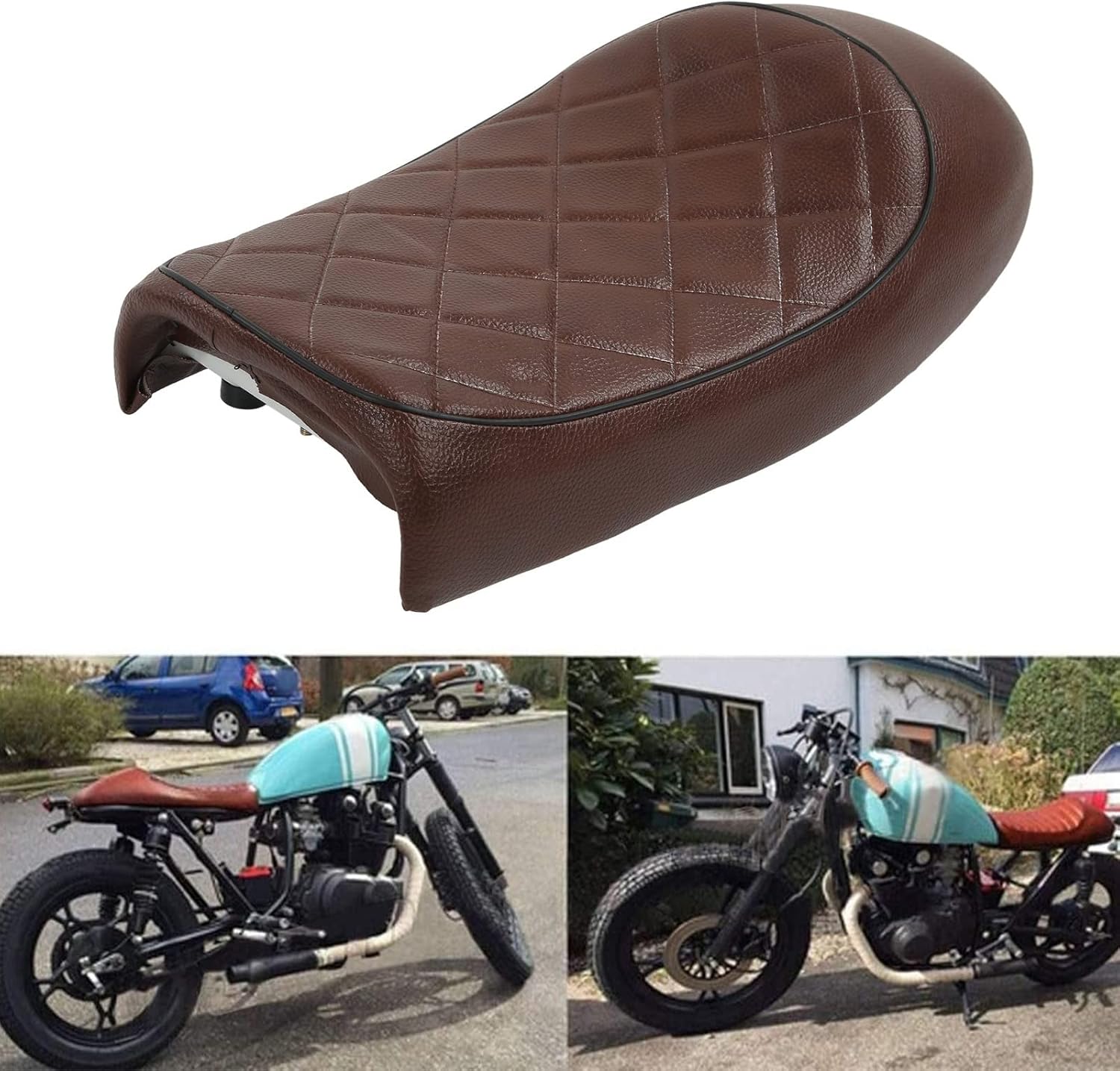 Qiilu Asiento de una pieza para motocicleta  CB125 CB175 CB200 CB350 CB360 CB400 Cojín de asiento marrón Forma de joroba Reemplazo vintage para