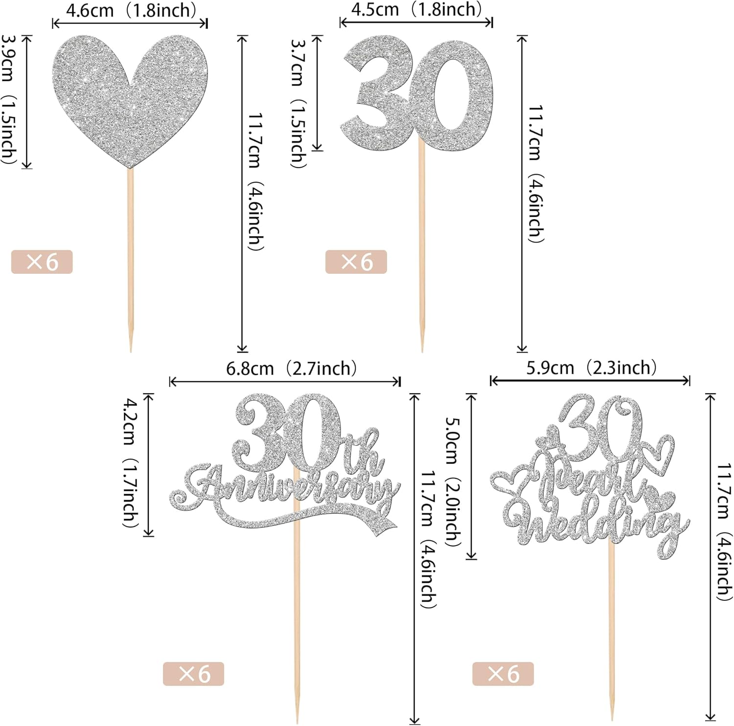 25 piezas de adornos para cupcakes de 30 aniversario con 30 perlas para pastel de boda, corazón con purpurina, 30 aniversario de boda, decoración de