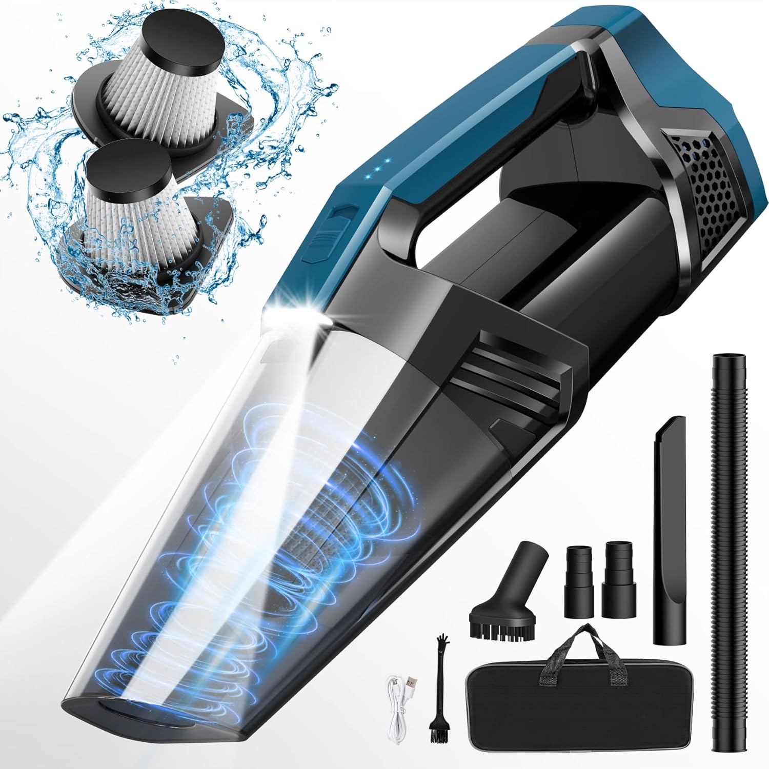 Aspiradora de mano inalámbrica para automóvil con luz LED, aspiradora de mano de 9000 PA, aspiradora de mano portátil, aspiradora de mano (negro