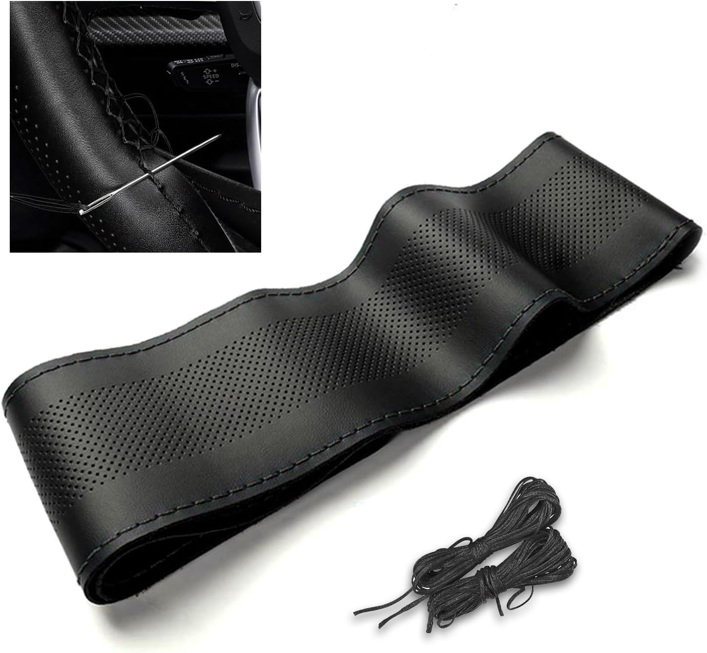 Funda de cuero para volante, protector transpirable antideslizante para volante de automóvil de diámetro máximo de 15 pulgadas, costura DIY con hilo