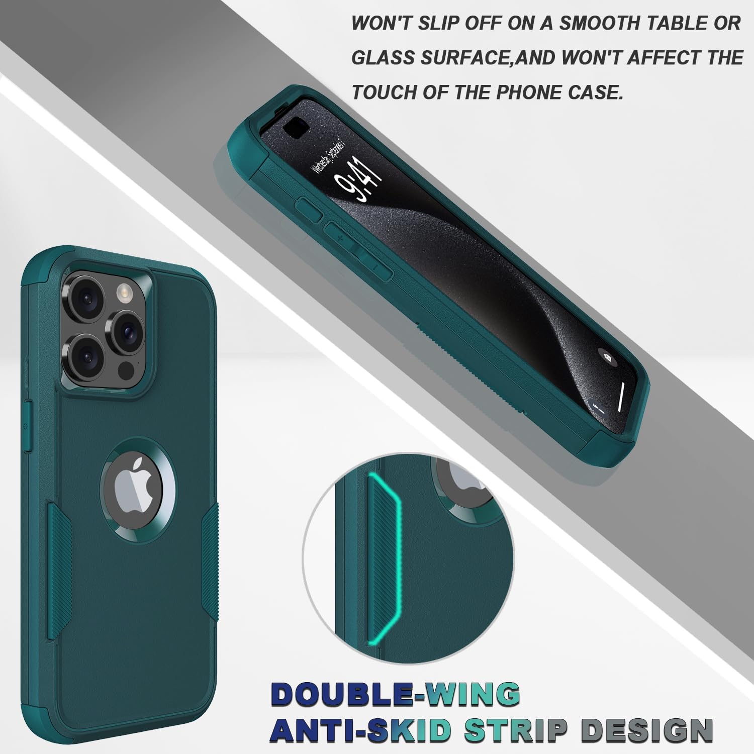 Funda para iPhone 15 Pro Max, 2 protectores de pantalla de vidrio templado, a prueba de caídas de 10 pies, antideslizante, a prueba de golpes,