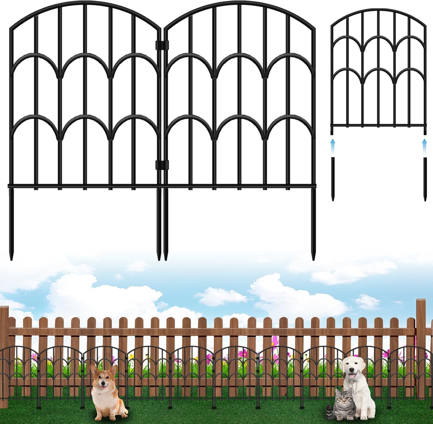 Valla de barrera de animales, paquete de 10 unidades, valla decorativa de jardín de 23.4 pulgadas de alto x 10.8 pies de largo, metal inoxidable sin