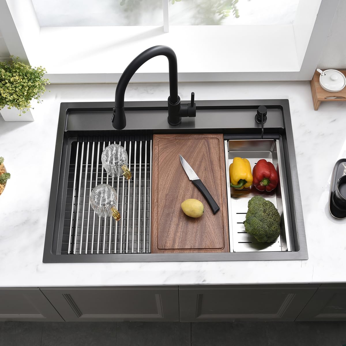 Fregadero de cocina de 28 pulgadas, con protección contra salpicaduras, color negro, fregadero de montaje superior, calibre 16, fregadero grande de