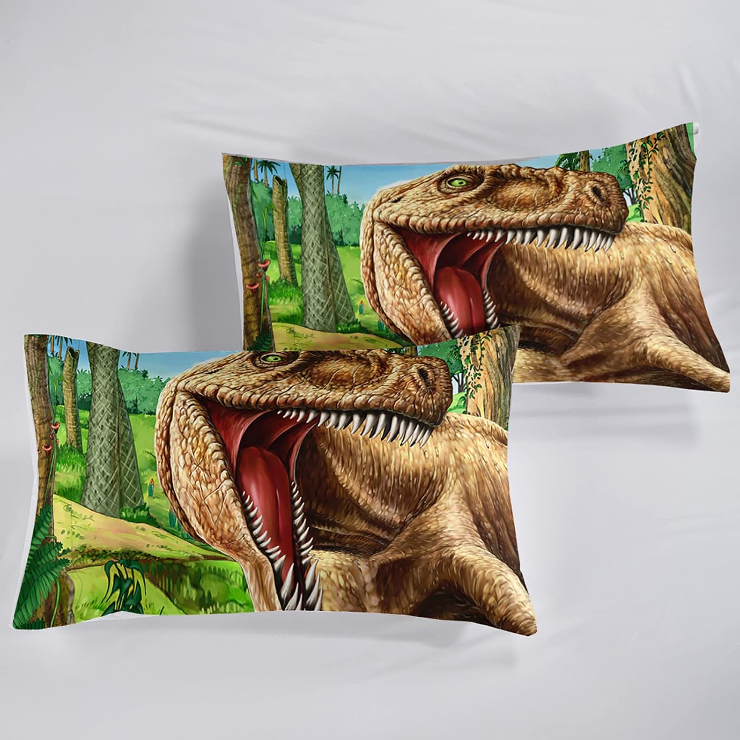 Juego de edredón de dinosaurio 3D tamaño matrimonial para niños y niños, juego de ropa de cama de dinosaurio Jurassic Jungle de 3 piezas, incluye 1
