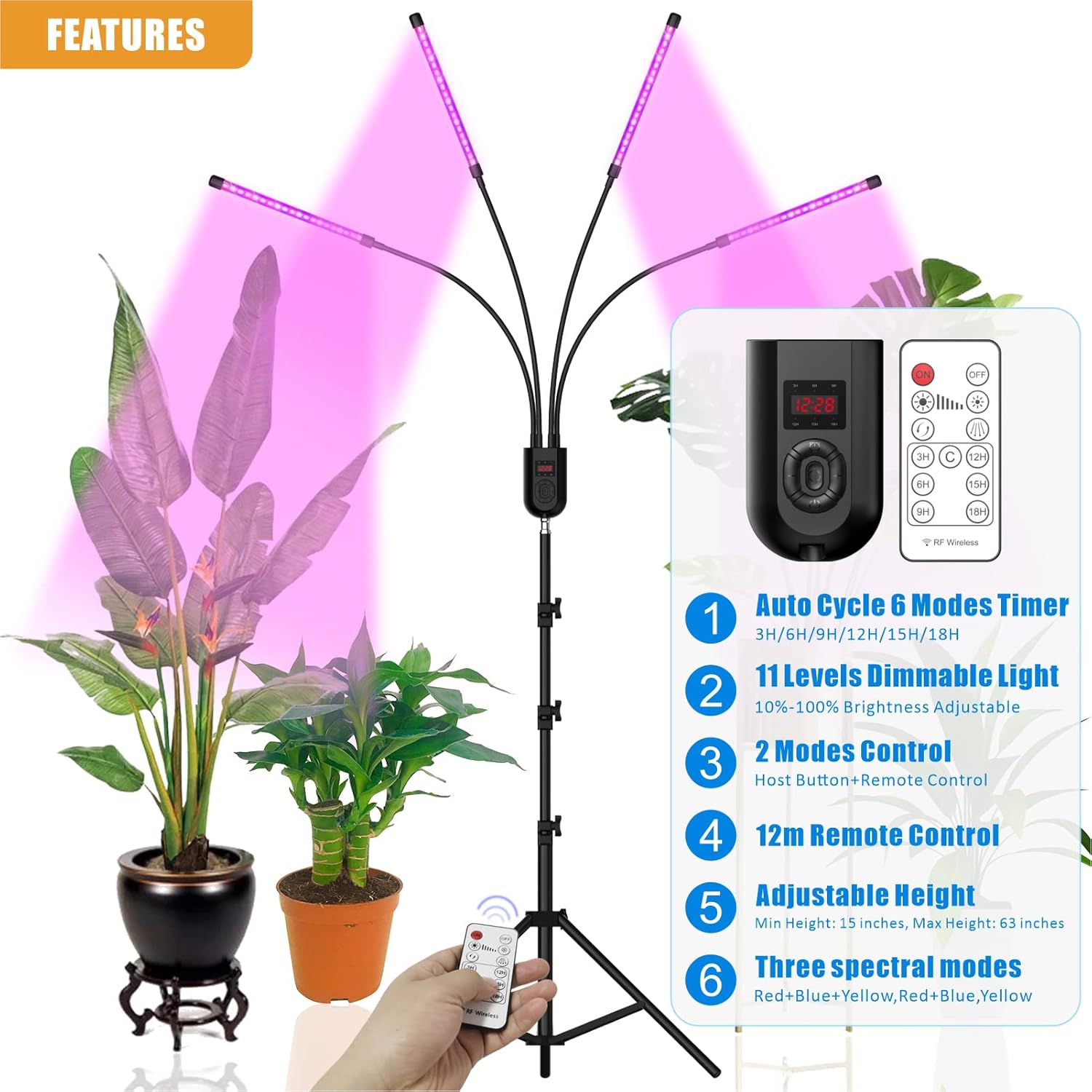 Luces de cultivo de plantas, luz LED de espectro completo para plantas de interior, lámpara de cultivo con 11 niveles regulables, 6 modos,