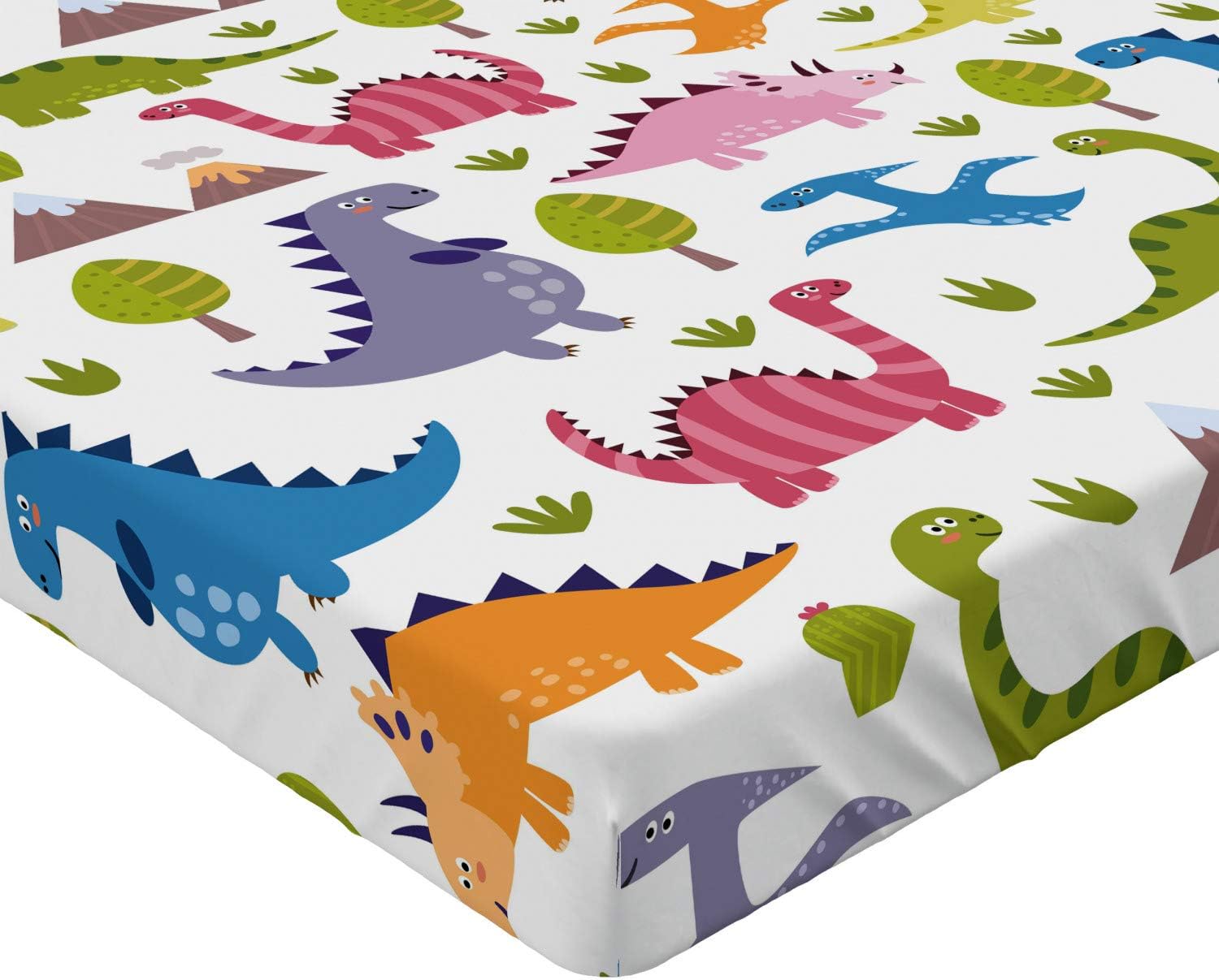 Ambesonne Sábana bajera ajustable con diseño de dinosaurios coloridos de dibujos animados T-Rex Triceratops Prehistoric Reptile Wildlife, funda de