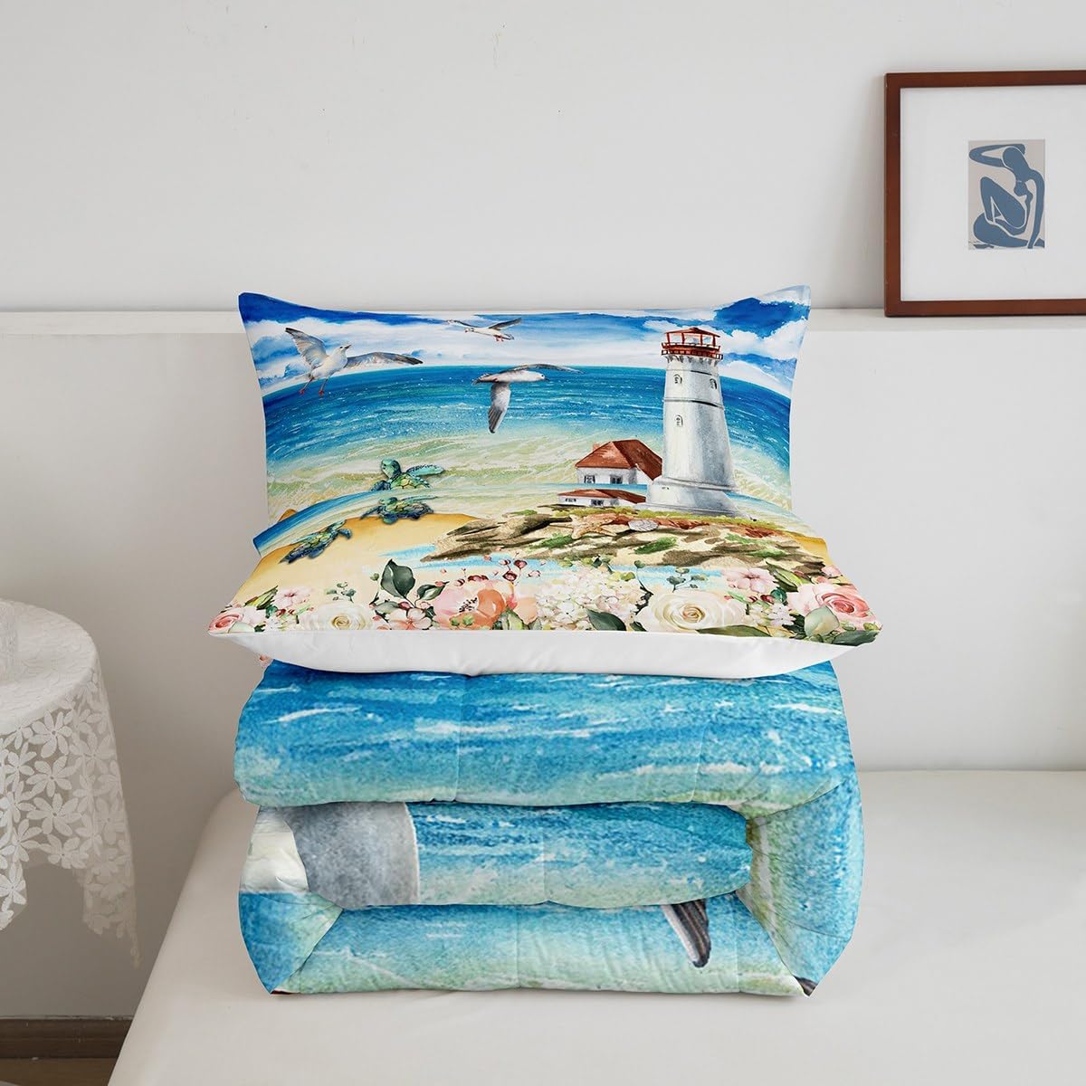 Juego de edredón con diseño de faro de mar, tamaño individual, juego de ropa de cama de animales de tortuga, pájaros, océano, azul, para niños y