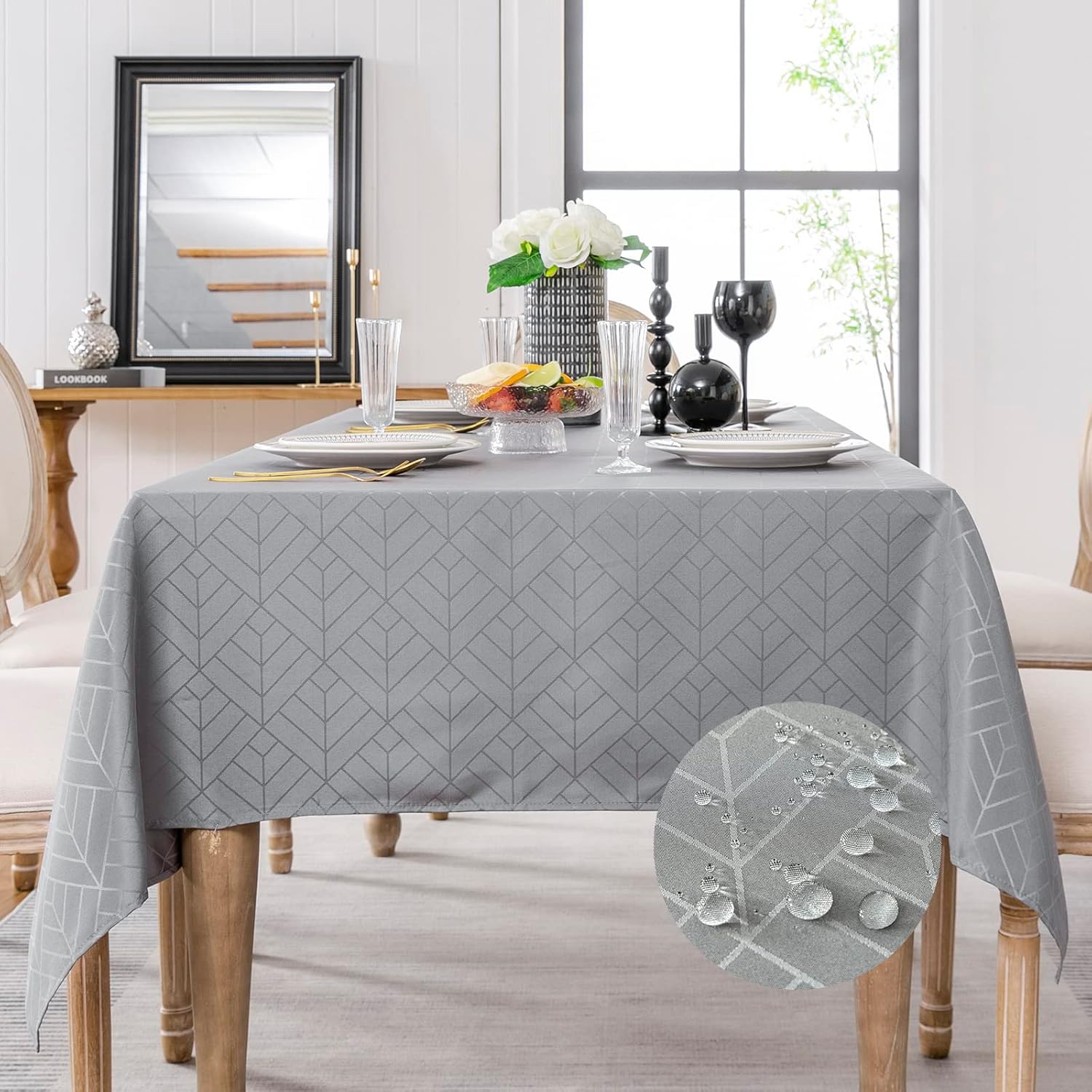 Mantel rectangular de tela jacquard geométrica, sedoso, suave, impermeable, lavable, rectangular, para decoración de interiores y exteriores (60 x