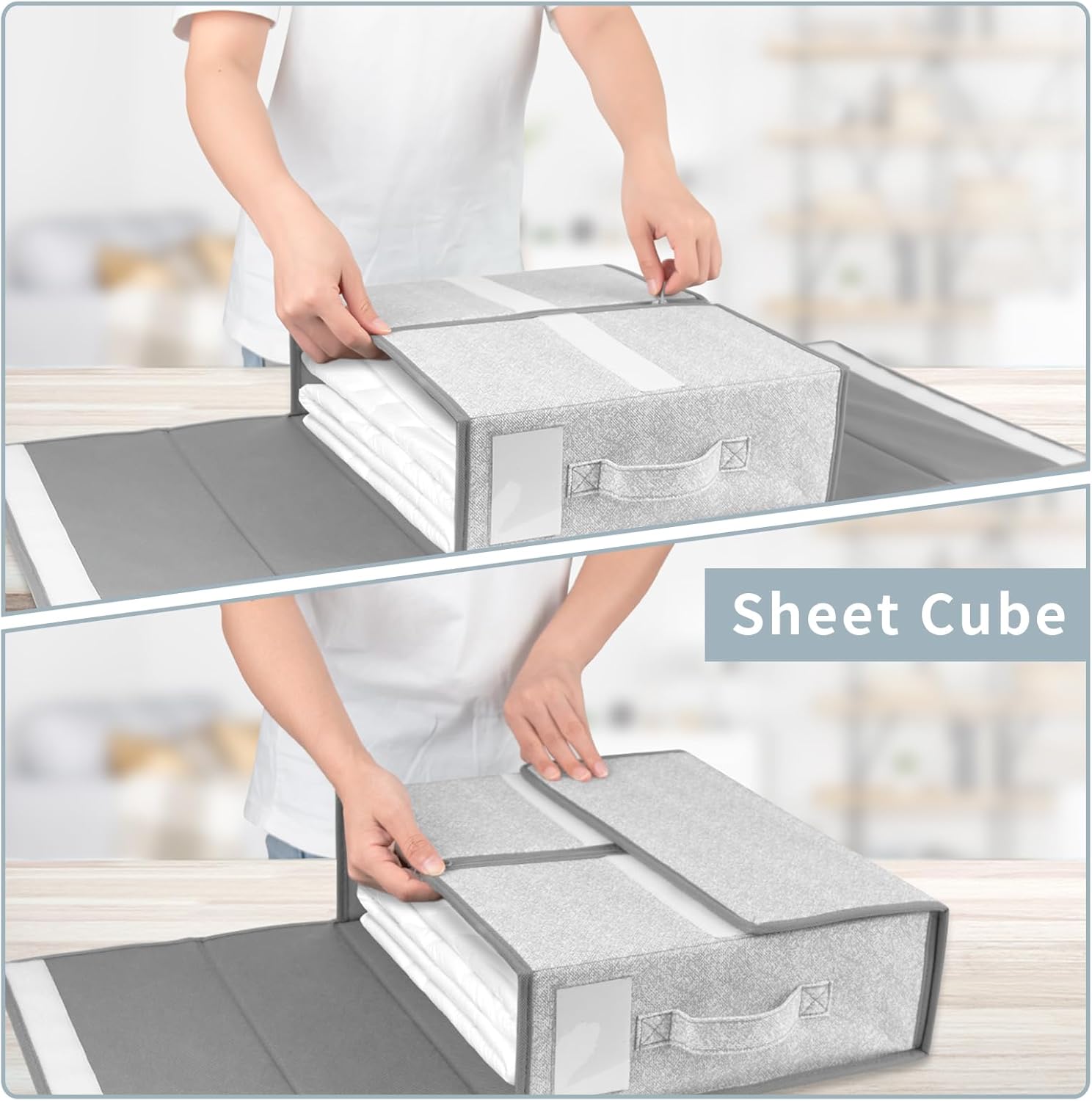 Doosela Organizadores y almacenamiento de sábanas, 4 paquetes de caja de almacenamiento plegable con cremallera para sábanas Queen o King, cubo de