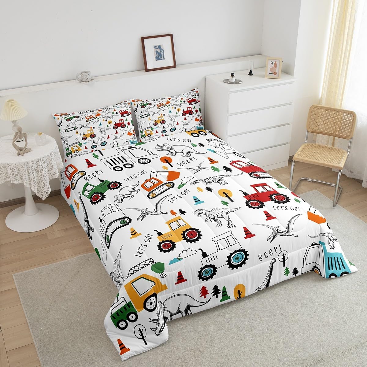 Feelyou Juego de ropa de cama de construcción, tamaño individual, juego de edredón de dinosaurio de la selva, equipo de camiones, juego de edredón