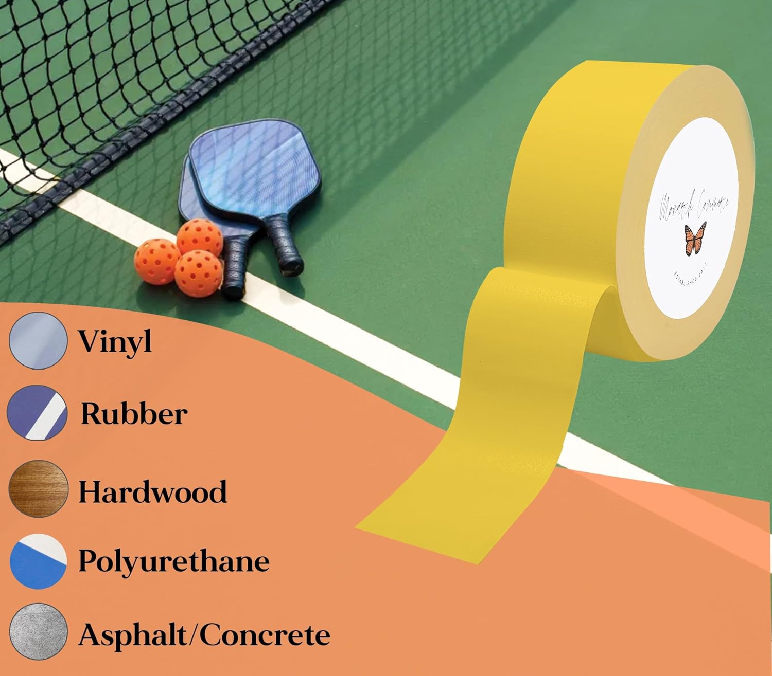 Cinta de pickleball para uso en interiores y exteriores, estilo Gaffers, todas las superficies, sin deslumbramiento, 2 pulgadas de ancho x 180 pies