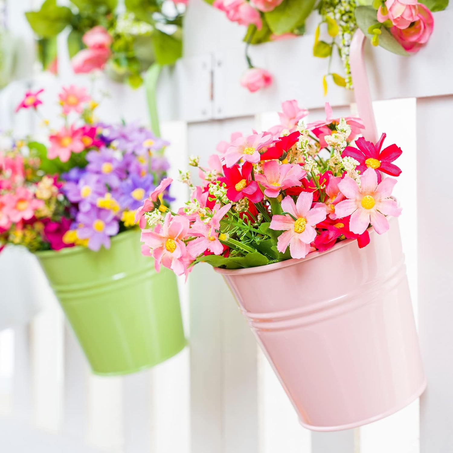 Paquete de 36 macetas de barandilla de 4 pulgadas, macetas colgantes de flores coloridas para plantas de exterior con gancho desmontable, maceta de