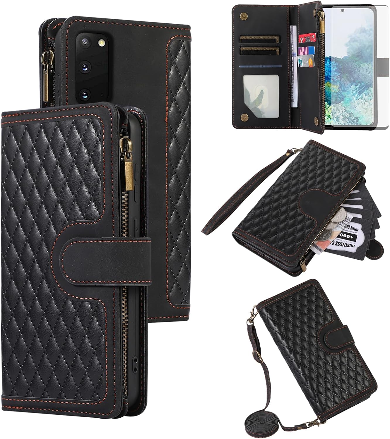 Asuwish Funda de teléfono para Samsung Galaxy S20 FE 5G 6.5 pulgadas con protector de pantalla de vidrio templado y tarjetero con cremallera