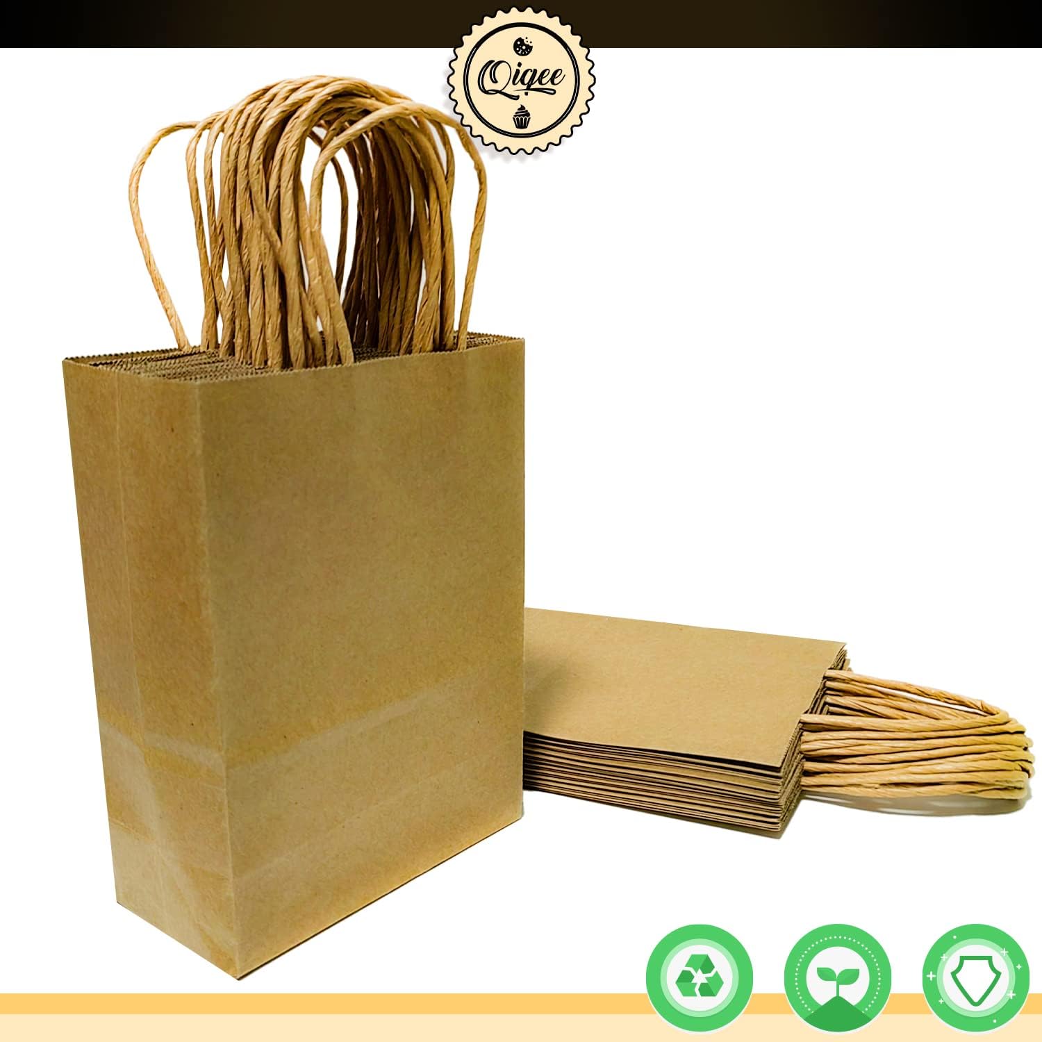qiqee Paquete de 100 bolsas de regalo de papel marrón con asas a granel de 8.26 x 6 x 3.15 pulgadas, bolsas de regalo de tamaño pequeño para