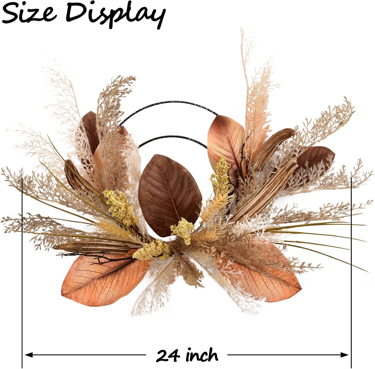 Coronas de otoño de 24 pulgadas con LED para decoración exterior de puerta delantera, pasto de plástico, hojas de magnolia, okra, vainas de loto,