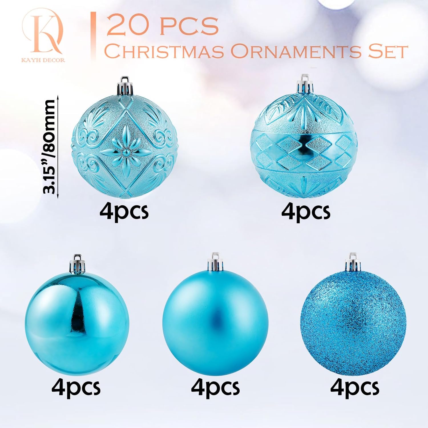 20 adornos de bola de Navidad color azul bebé, irrompibles, decoraciones de árbol de Navidad para fiestas de Navidad, hogar, oficina, decoración de