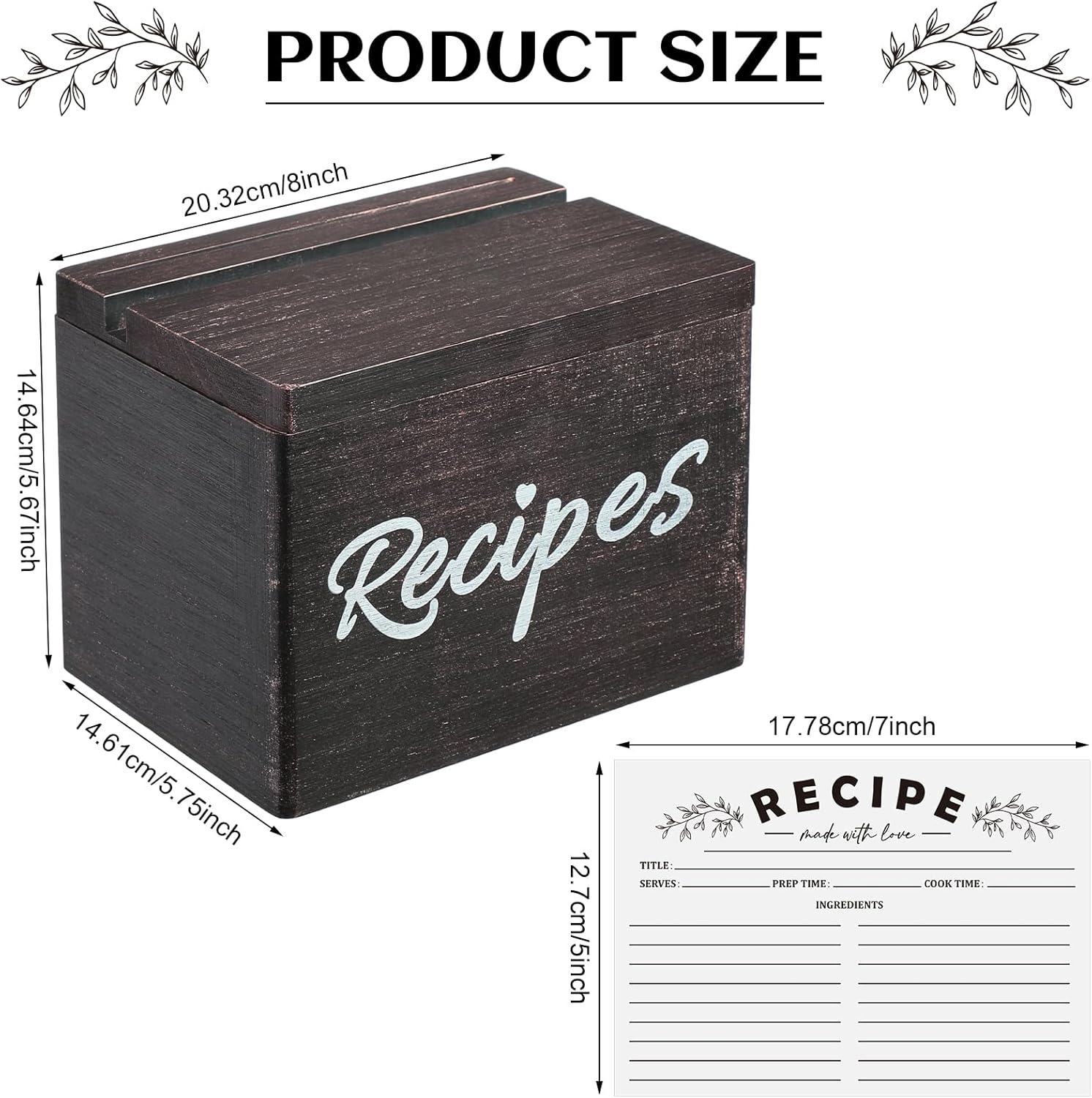 Hoteam Caja de recetas de madera con tarjetas y soporte para tarjetas de recetas de madera rústica con 50 tarjetas de recetas de 5 x 7 pulgadas,