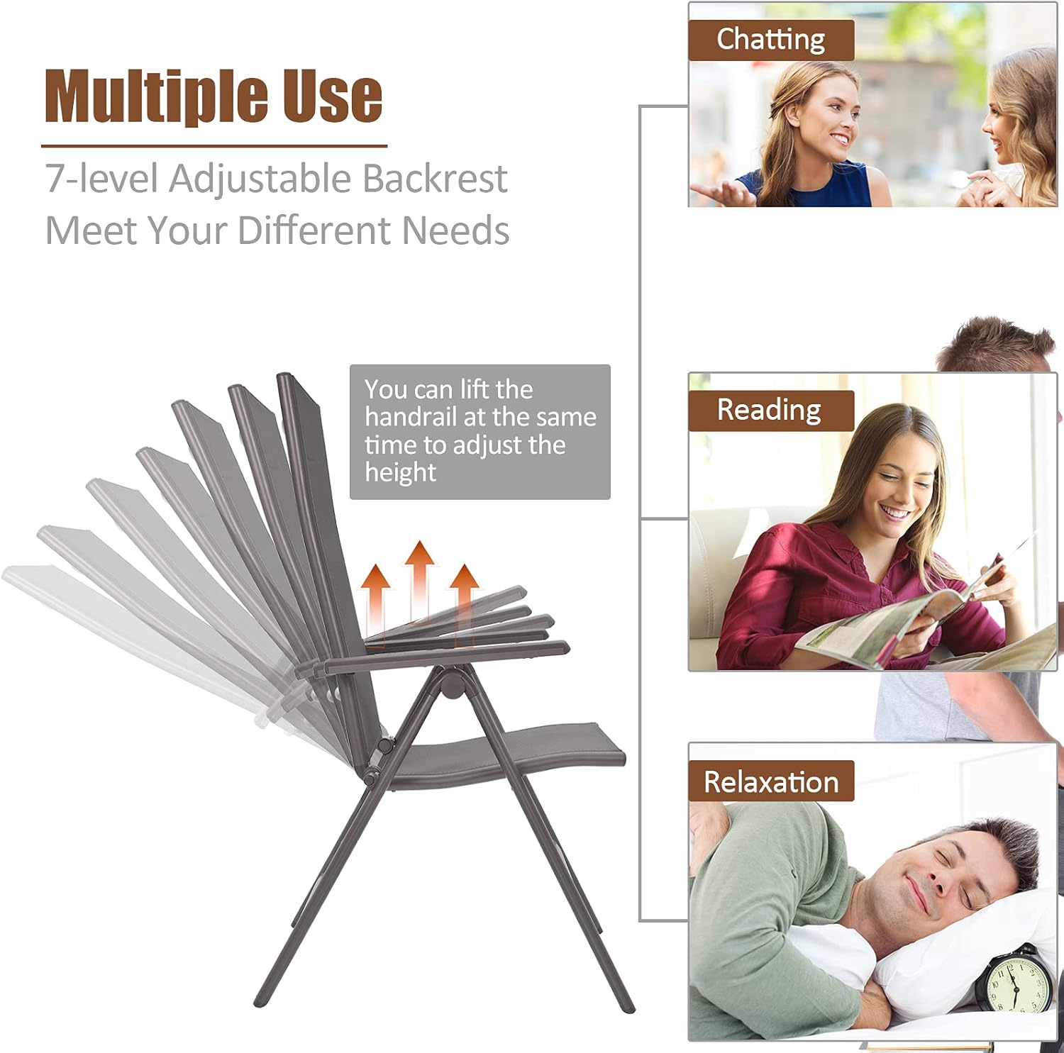 Giantex Juego de 2 sillas de patio, sillas plegables para césped, paquete de 2 sillas de exterior con respaldo ajustable de 7 niveles, marco de