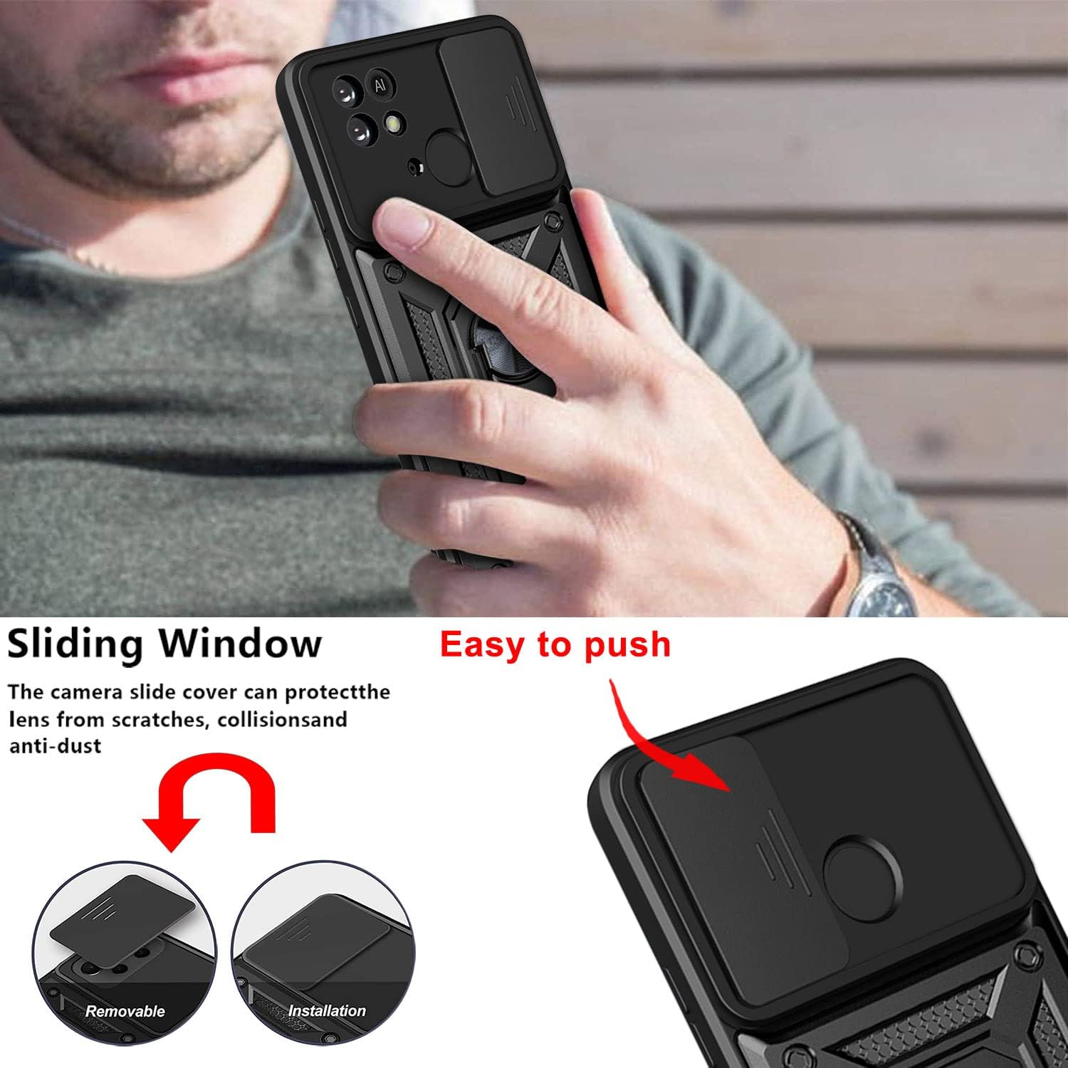 Ysnzaq Funda resistente a prueba de golpes de grado militar para Xiaomi Poco C40Redmi 10 Power 6.71 “, protección de lente de ventana deslizante con