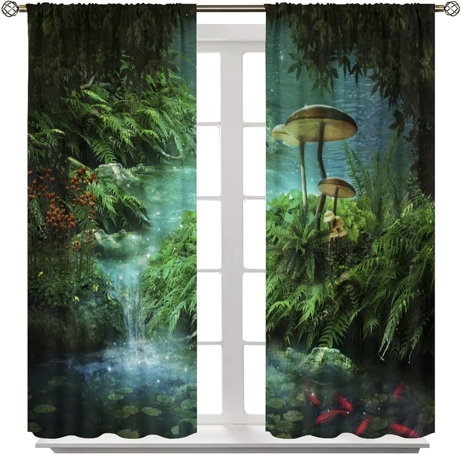 Cortinas de selva de ensueño, cuento de hadas verdes, bosque, estanque, helecho, planta de helecho, pez dorado rojo y hongo, adecuadas para sala de