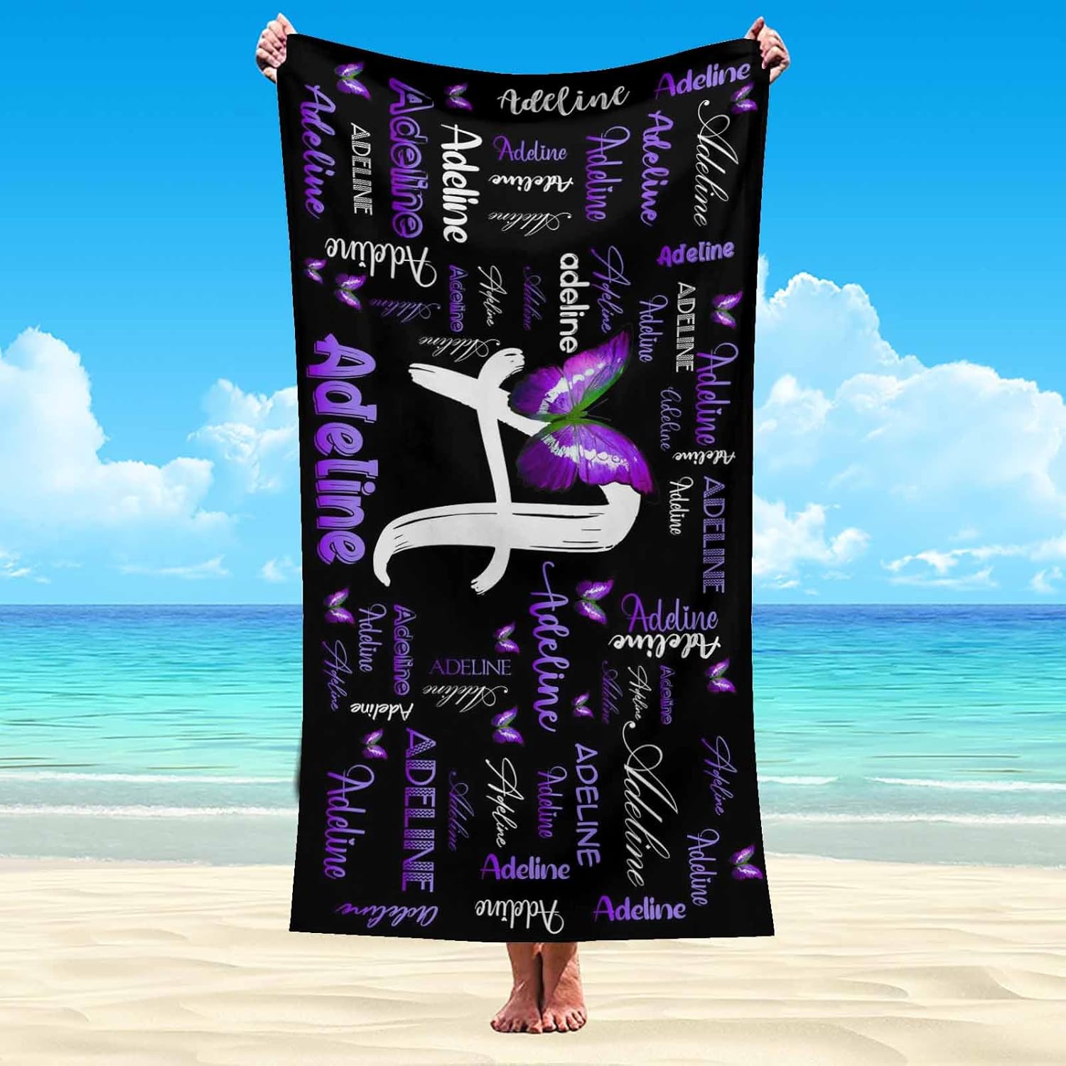 Artsadd Toalla de playa personalizada con texto, toalla de secado rápido personalizada mariposa morada para hombres y mujeres, con monograma