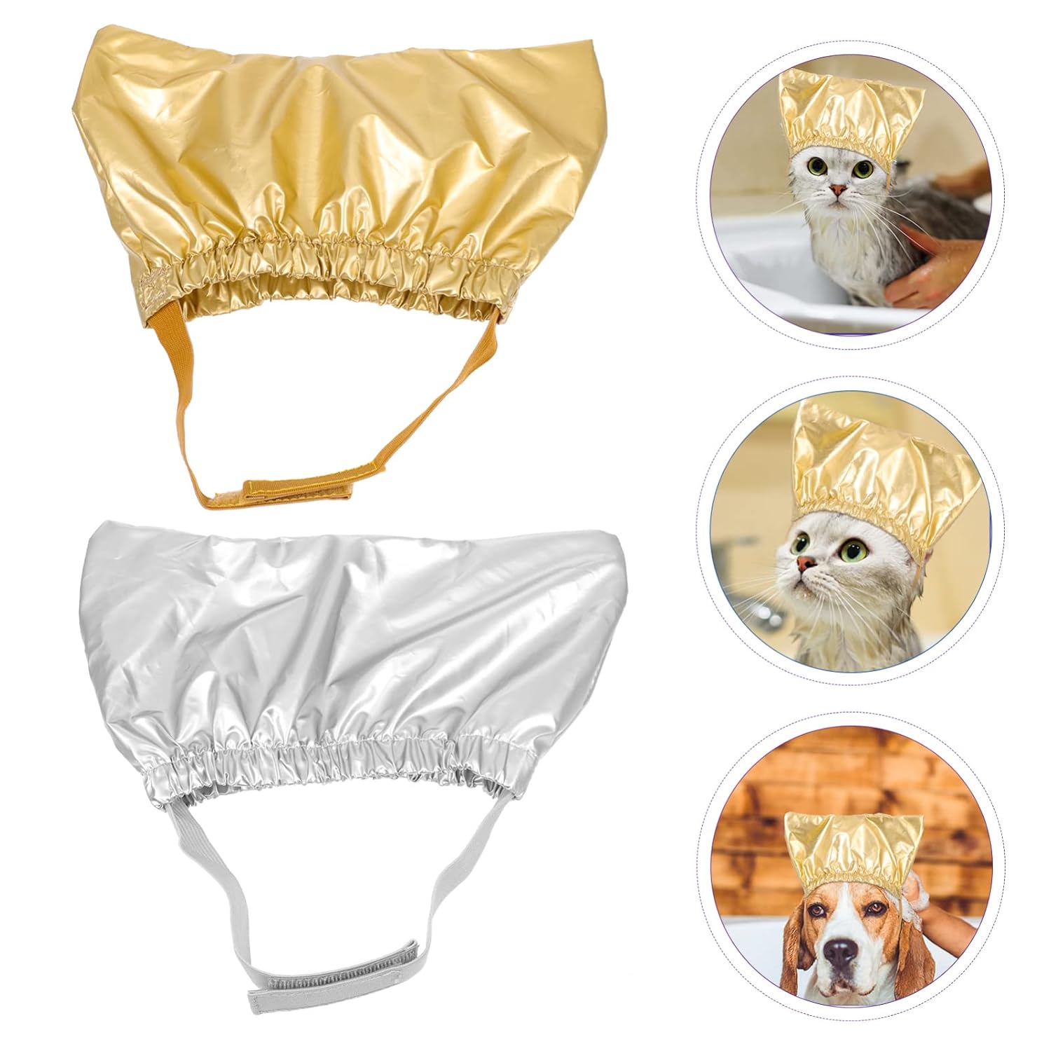 2 gorros de ducha para mascotas, gorro de ducha reutilizable para perros, cubre las orejas, gorro de baño para gatos con correa fija ajustable,