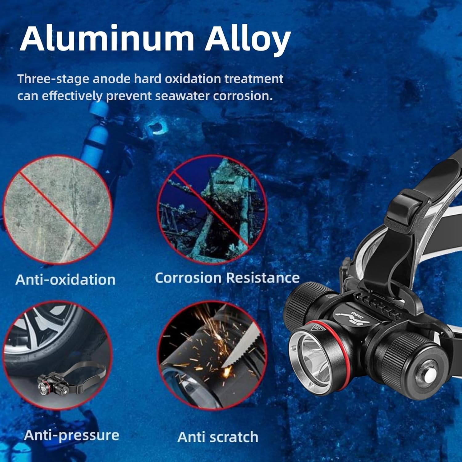 WINDFIRE Luz de buceo, faro de buceo subacuático profesional IPX8 impermeable, linterna de seguridad para faros de buceo, 5 modos, luz de esnórquel