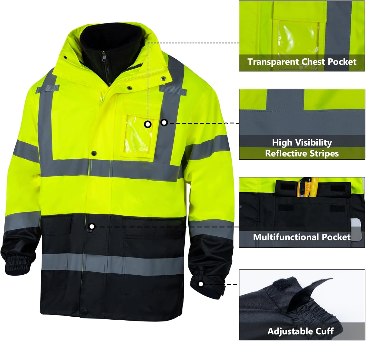 Chaquetas de seguridad reflectantes de alta visibilidad para hombres 2 en 1 ANSI Clase 3 Hi Vis Chaqueta de invierno impermeable