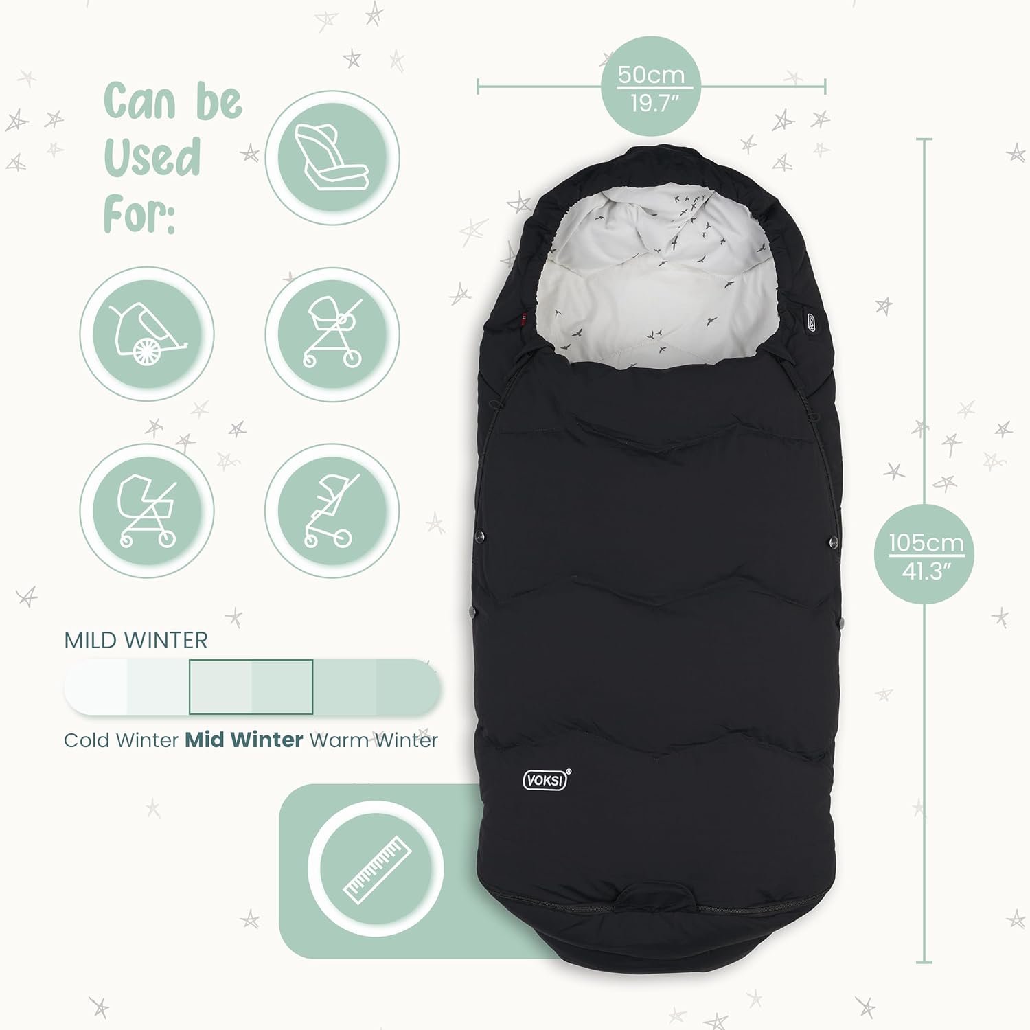 Explorer – Saco para cochecito de bebé, lana natural y plumón, ajuste universal, multiusos, diseñado en Noruega, bolsa de banderines para cochecito