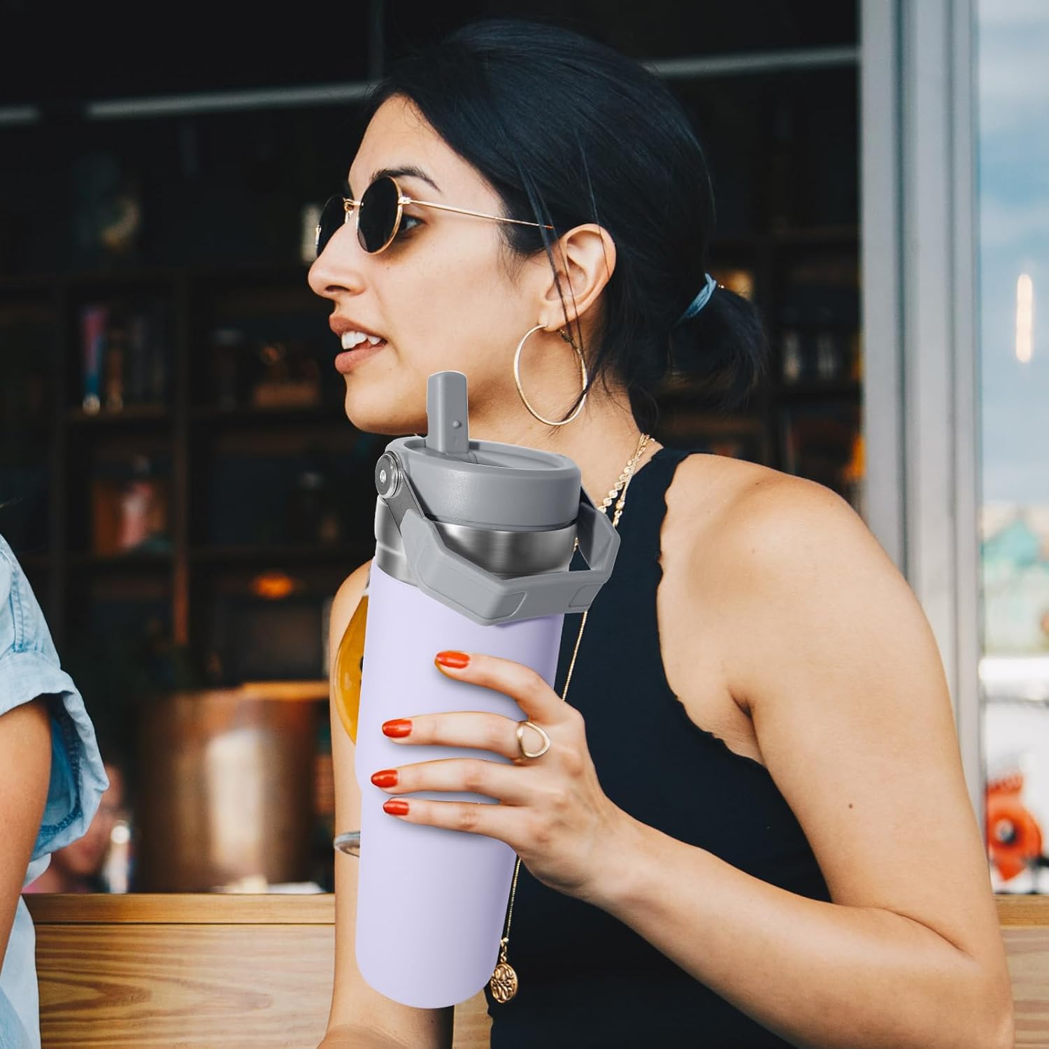 Vaso de 30 onzas con asa y tapa con popote, vasos aislados, portátiles de acero inoxidable, botellas al vacío para agua, simplemente moderno, (crema)