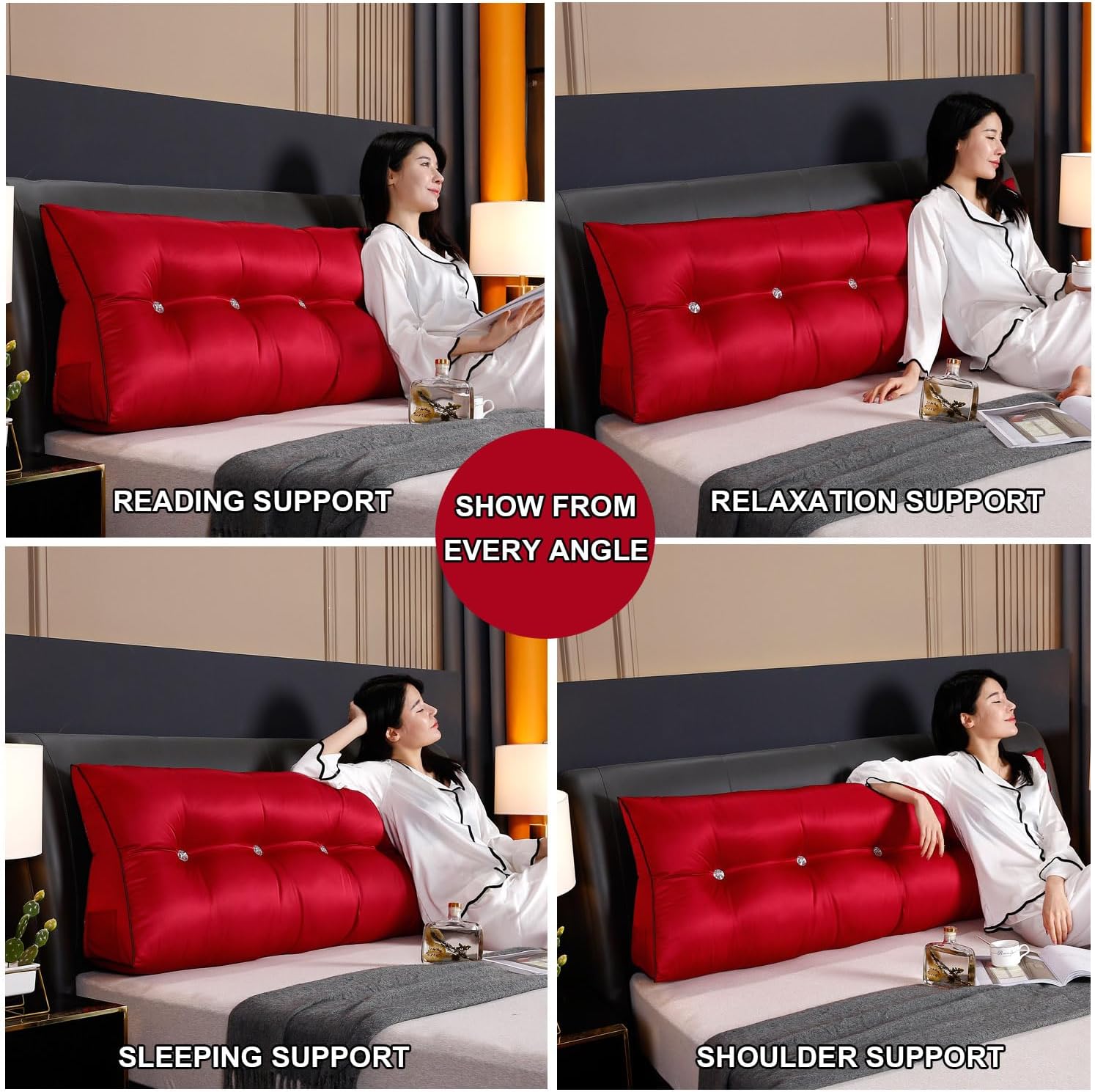 Almohada triangular de lectura, almohada de cabecera de cuña para cama de día, respaldo de tatami, funda extraíble, cojín de soporte lumbar, rojo,