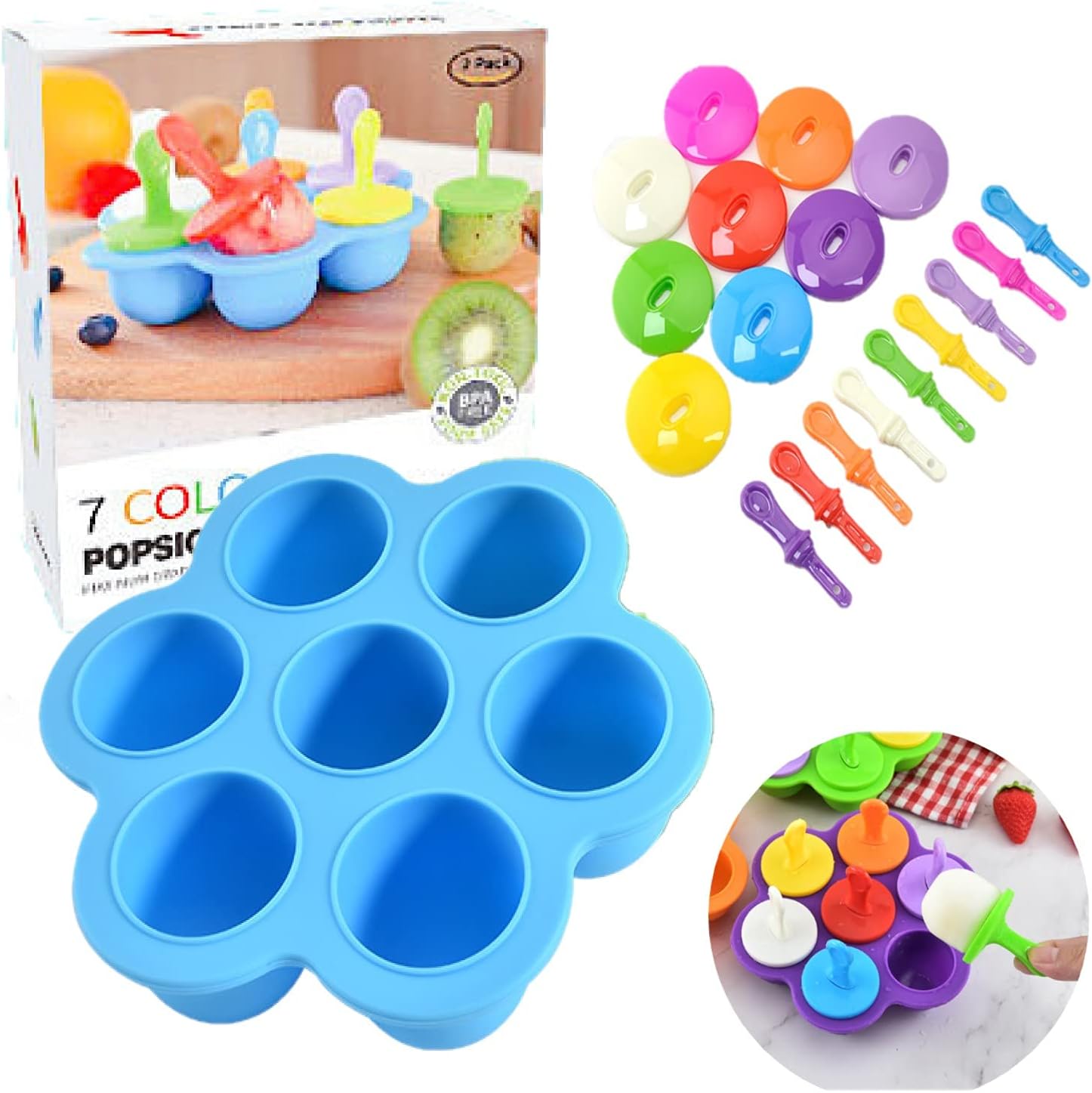Moldes de silicona para paletas, mini molde para paletas de hielo de 7 cavidades con palos coloridos y protectores de goteo, contenedor de