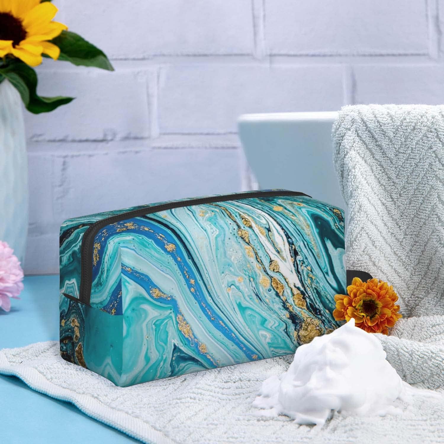 Neceser de viaje, bolsa de maquillaje grande, bolsa de afeitado portátil, bolsa de lavado para viajes, gimnasio, camping, Mármol azul dorado