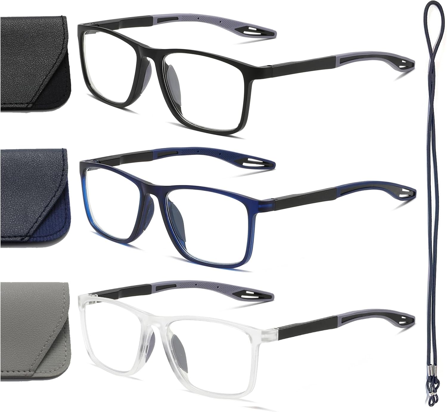 Hubeye 3 pares de lentes de lectura deportivos TR90 para hombres y mujeres, ultraligeros y flexibles, antiluz azul, +2.0