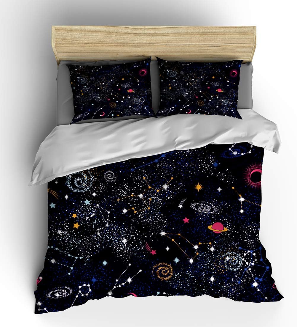 SHOMPE Juego de ropa de cama tamaño Queen con diseño de constelación del universo, estrellas y galaxia, planetas, con 2 fundas de almohada con